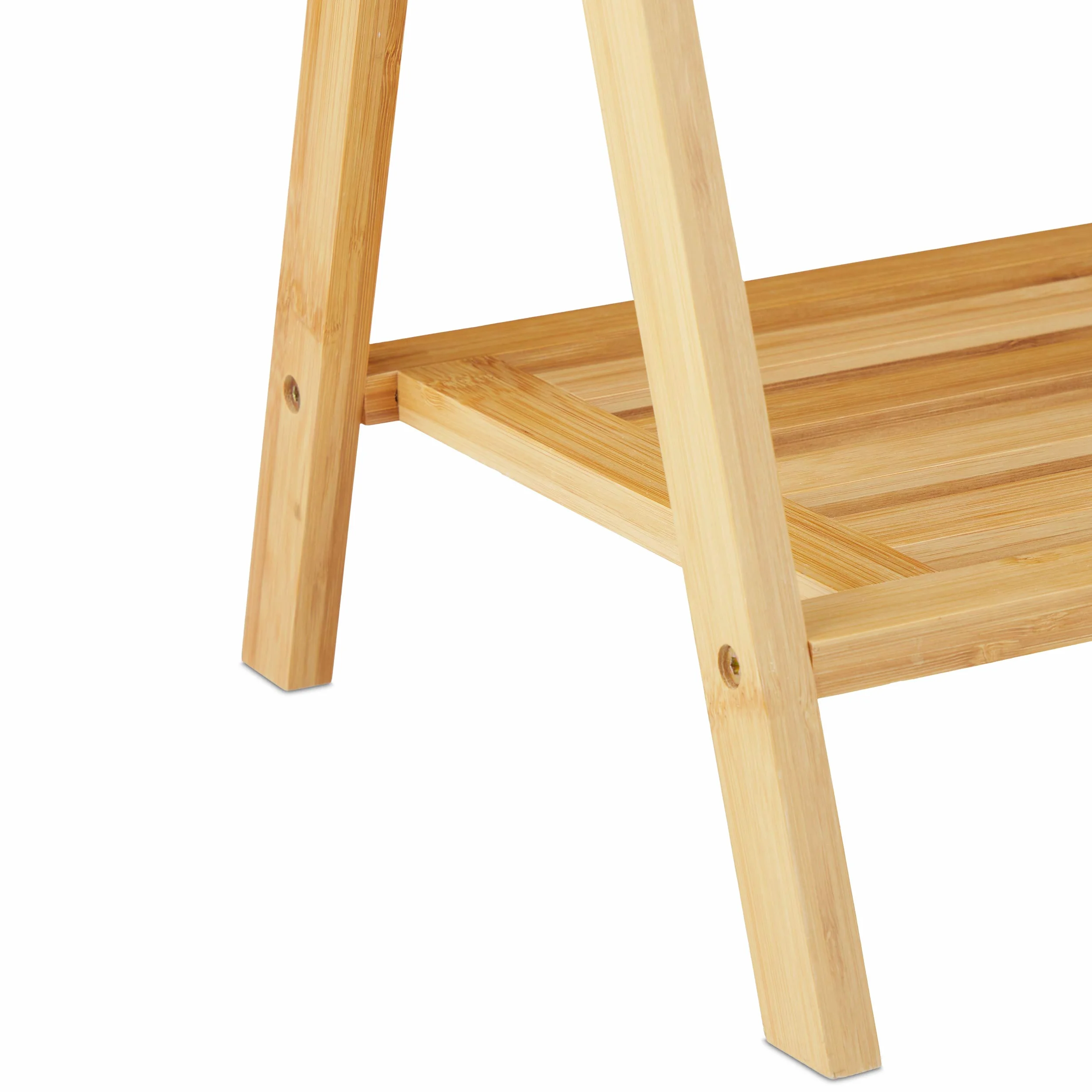 Relaxdays Wieszak na ręczniki stojący, 5 drążków, bambus, stal nierdzewna, wieszak na ręczniki łazienkowe z półką, wys. x szer. x gł.: 87 x 58,5 x 36 cm, naturalny