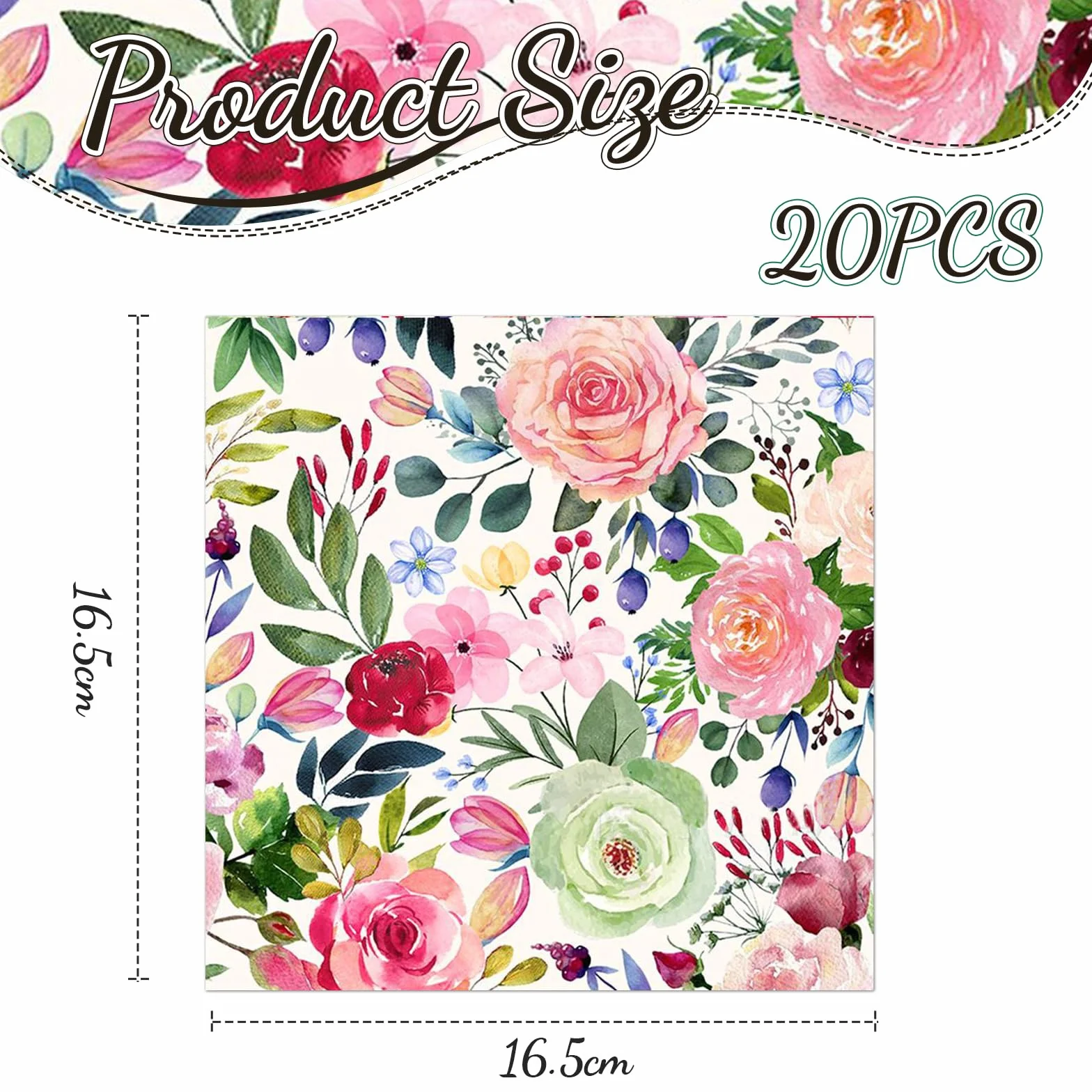 Kotkiddy serwetki papierowe Blumen, 20 sztuk serwetek z kwiatów róży na lunch, kwiatowe artykuły imprezowe, dekoracje urodzinowe, papier na imprezę w kwiaty, 33 x 33 cm