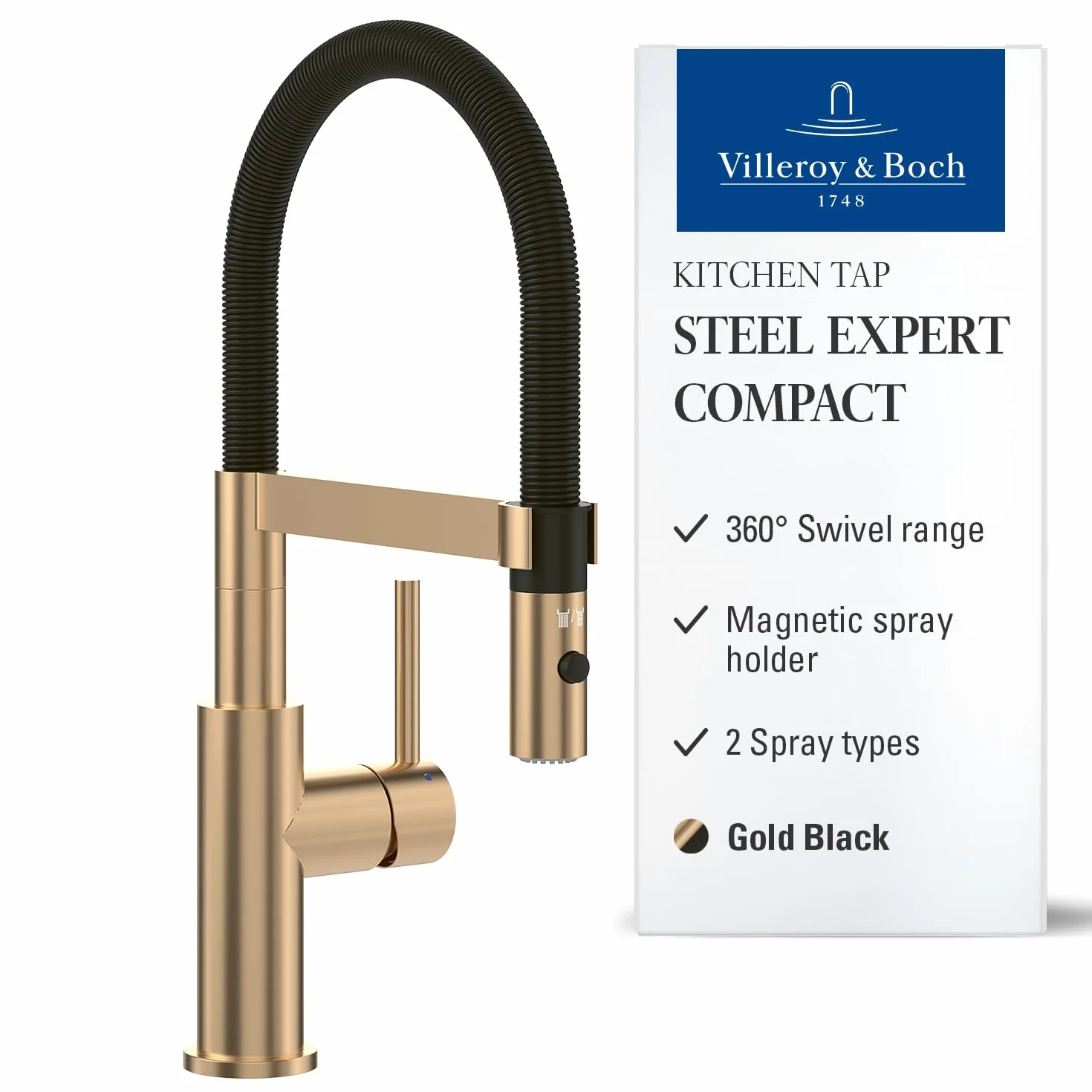 Villeroy & Boch Steel Expert Compact bateria kuchenna wysokociśnieniowa bateria kuchenna z funkcją odwracania i obrotową wylewką, bateria zlewozmywakowa, wysokość wylewki 143 mm, złoto-czarna