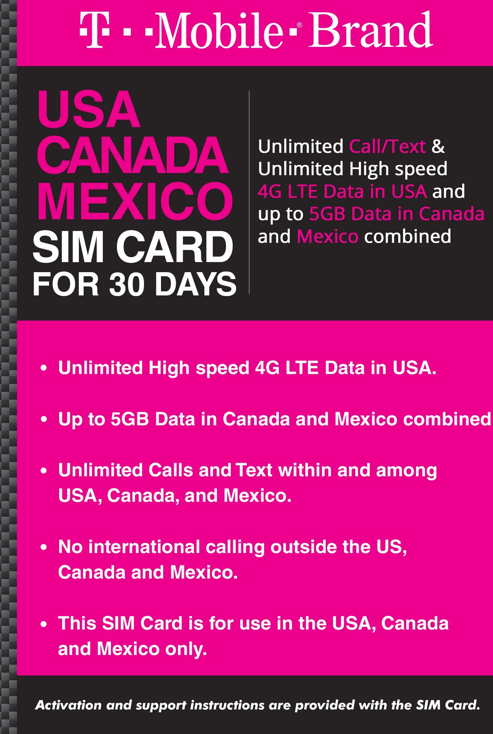T-Mobile Marka USA, Kanada, Meksyk Prepaid Travel SIM Nieograniczone połączenia/tekst i nieograniczona prędkość 4G LTE w USA przez 30 dni