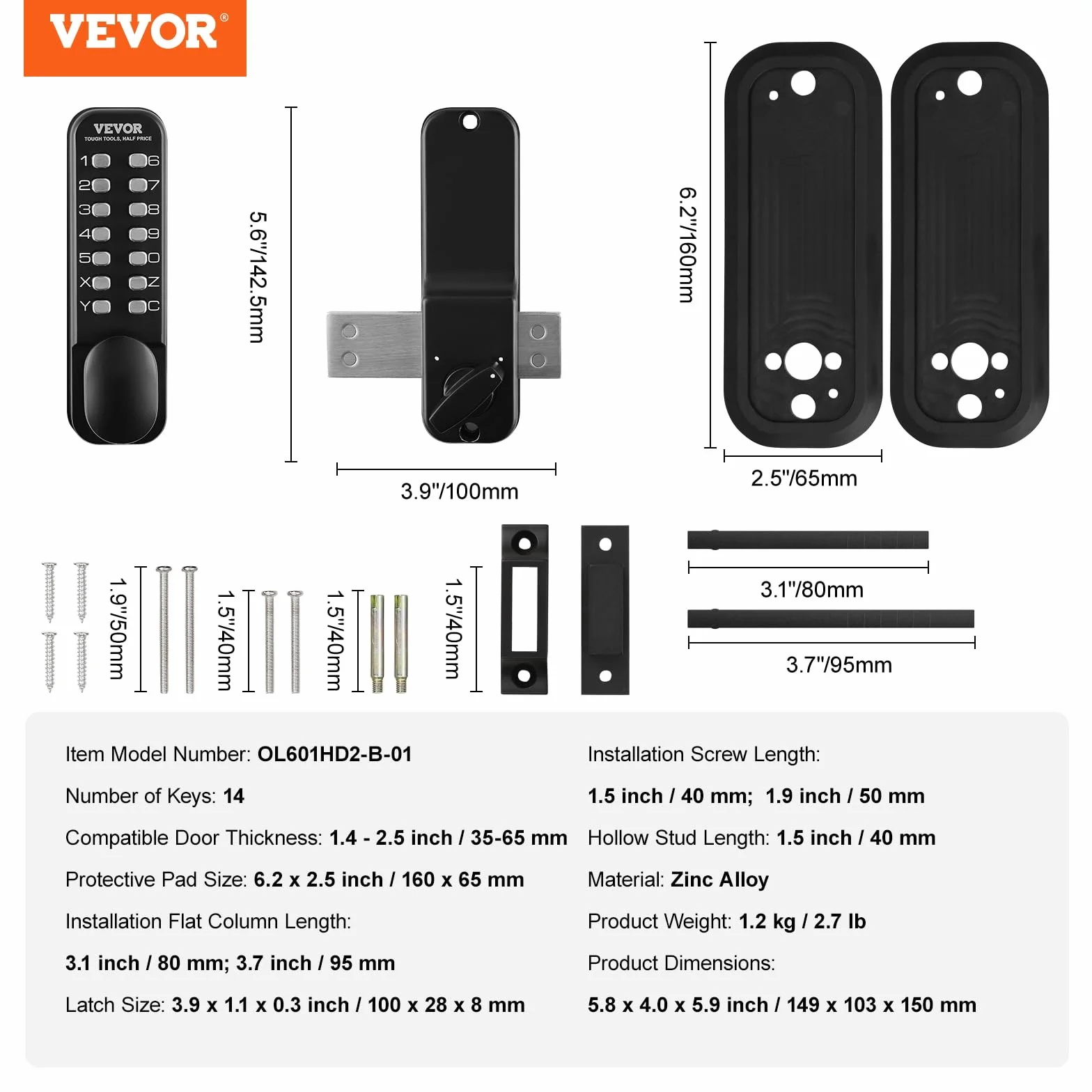VEVOR OL601HD2-B-01 mechaniczne wejście bezkluczykowe, 14-cyfrowy, wodoodporny stop cynku, zestaw zamków do drzwi zewnętrznych z zatrzaskiem natynkowym, klawiaturą i gałką, łatwy montaż, do ogrodu,