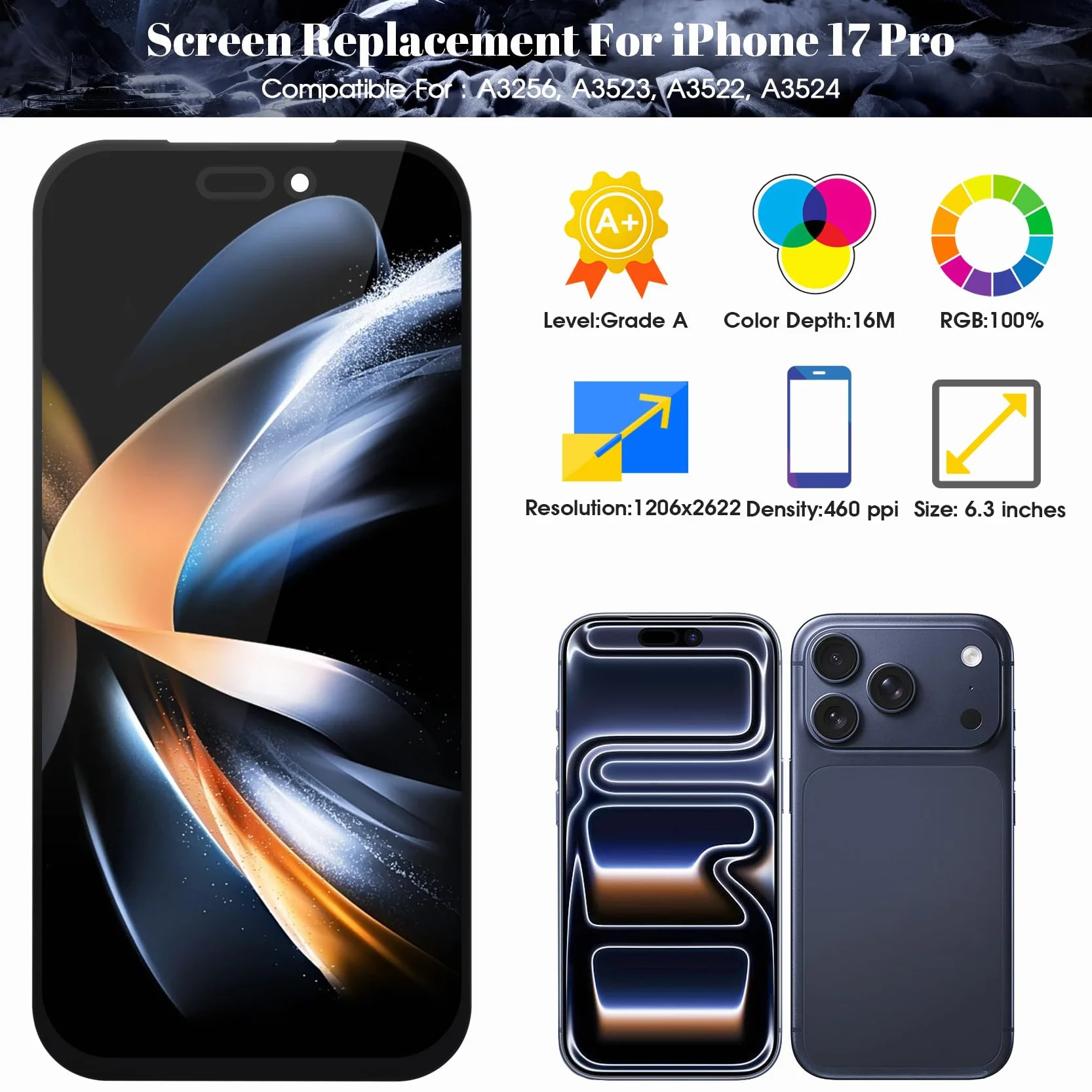iPhone 17 Pro ekran LCD zamiennik czarny 6,7-calowy wyświetlacz COF Digitizer rama montaż 3D Touch Face ID True Tone HD+ zestaw naprawczy