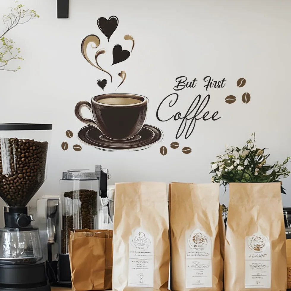 HGDESIGN® Tatuaż ścienny naklejka ścienna kawa czas But First Coffee Sowa Cappuccino Naklejka ścienna Dekoracja ścienna do kuchni jadalni (F)