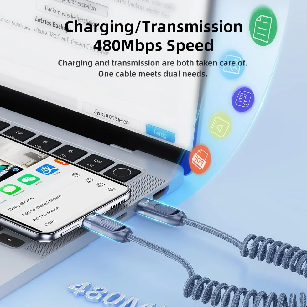 Toocki 60W Kabel Spiralny USB C do USB C Szybkie Ładowanie 1.8m Pleciony Nylon Kompatybilny z Galaxy Xiaomi Huawei iPhone 15/16/17