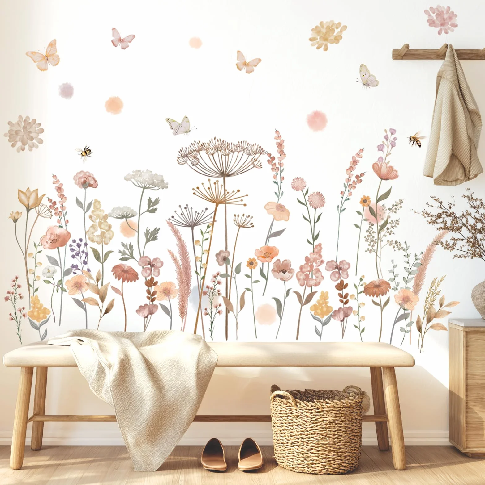 DECOWALL SG2-2421 Naklejki ścienne z Boho Kwiaty w akwareli Polne kwiaty Trawa Sypialnia Home Decor Art Kolorowe różowe rośliny Zdejmowane skórki i sztyfty Dom przedszkola DIY Liście Ogród