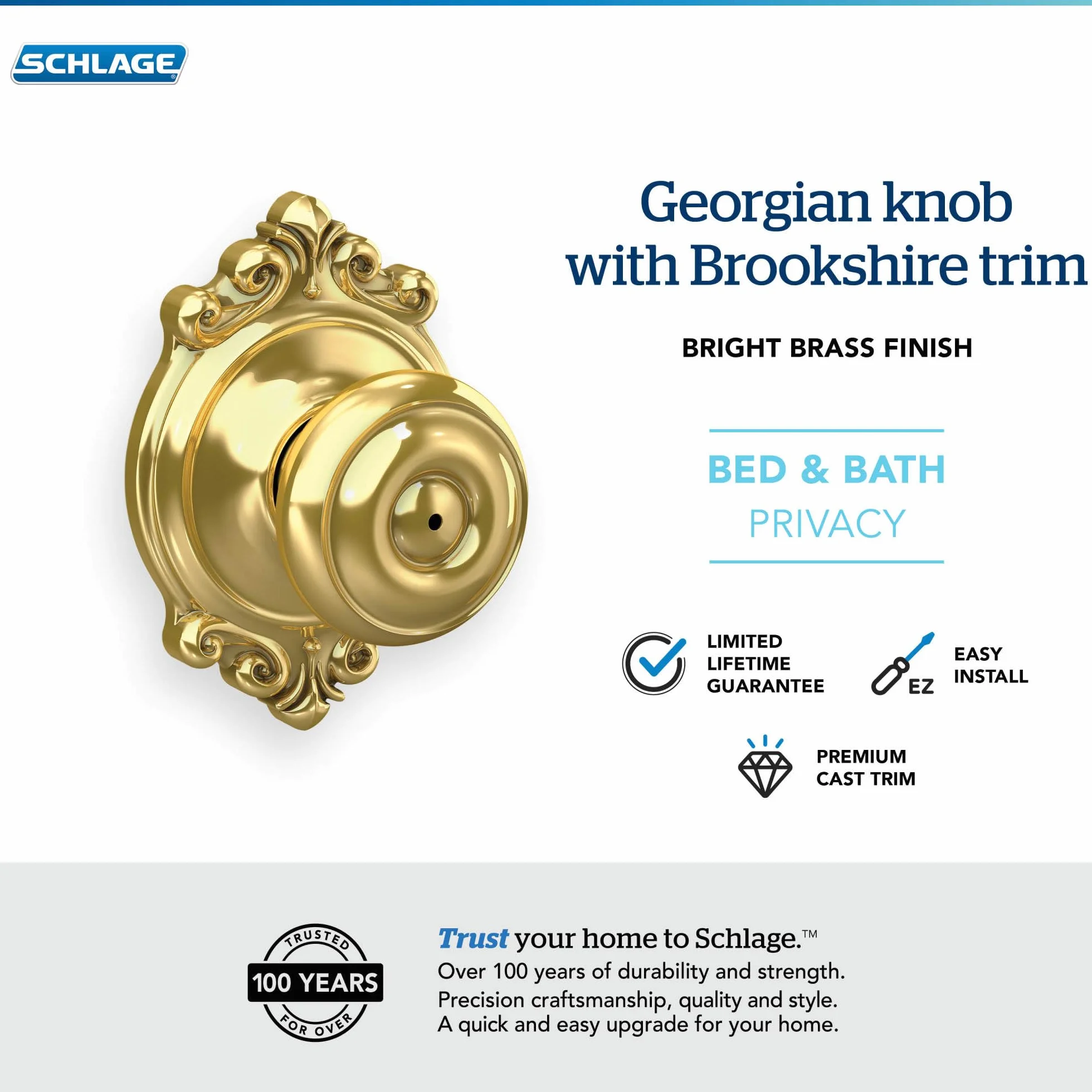 SCHLAGE F40 GEO 605 BRK Brookshire Collection Georgian Privacy Knob, Bright Brass
