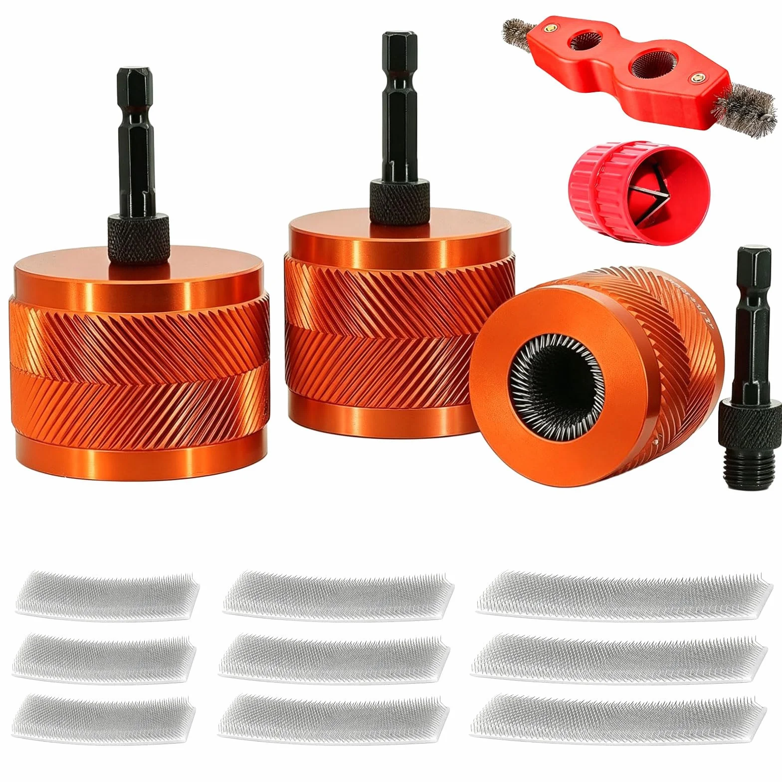 Zestaw do czyszczenia rur miedzianych, 3 rozmiary (1/2", 3/4", 1"), z zapasową szczotką, sześciokątnym trzonkiem 1/4", do wiertarko-wkrętarek, 4 w 1, do usuwania zadziorów wewnętrznych i zewnętrznych