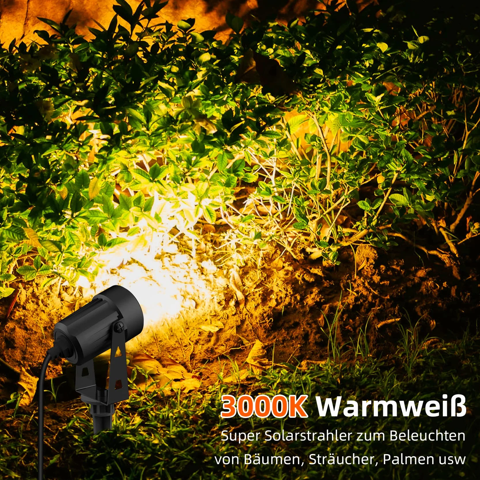 Zewnętrzna lampa solarna, 6 w 1, wodoodporna lampa solarna IP65, solarny reflektor LED, 4 jasności, ciepła biel 3000 K, do ogrodu, na patio, drzewa