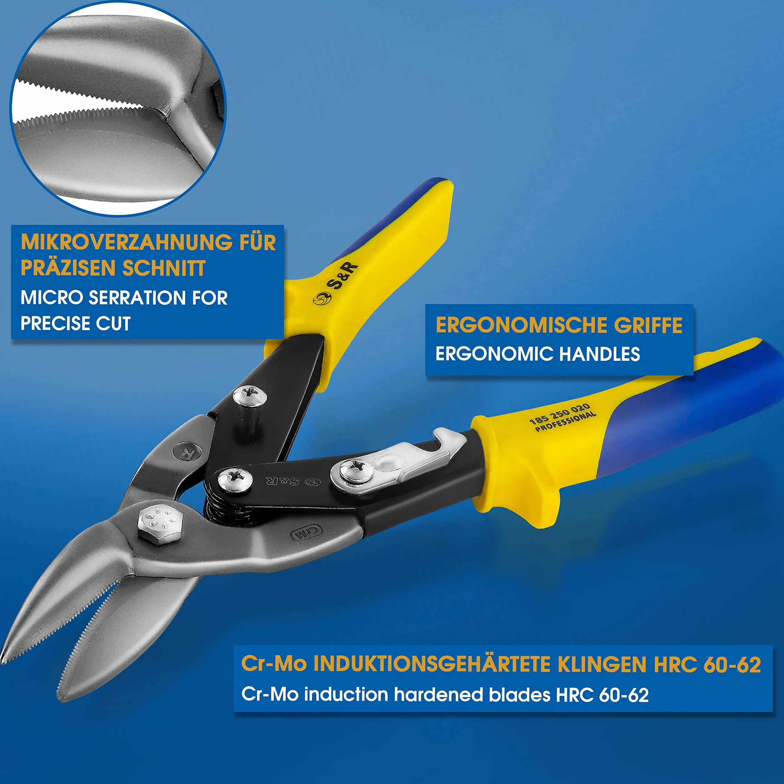 S&R Nożyce do blachy Aviation, cięcie prawe 250 mm, stal Cr-Mo o wysokiej wytrzymałości, nożyce do blachy idealne jako narzędzie do suchej zabudowy, do produkcji karoserii, obróbki blachy, nożyce do