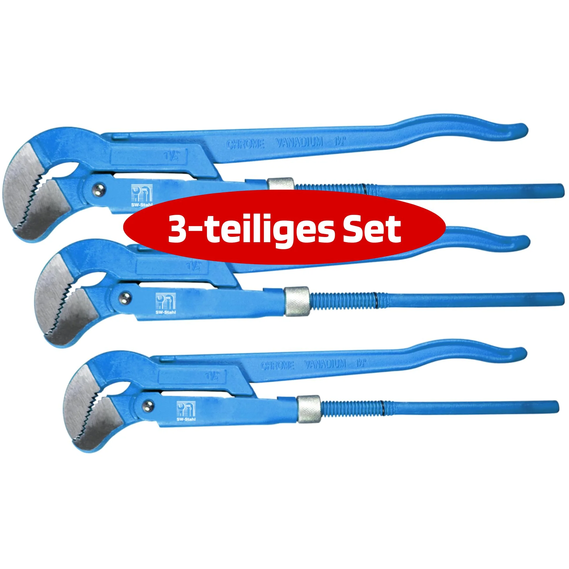 SW-Stahl 42250L Zestaw Szczypiec do Rur Narożnych, Typ S, 3 Szt., 1-2" | Solidne klucze nastawne ze stali CrV o rozmiarach 1, 1.5 oraz 2 cale, idealne do prac hydraulicznych i instalacyjnych.