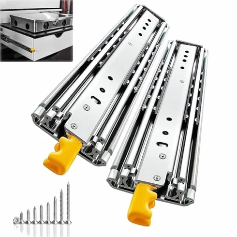 Wytrzymałe prowadnice do szuflad z zamkiem – 1 para stalowych prowadnic z łożyskami kulkowymi o pełnym przedłużeniu, 76 mm szer. x 254-2032 mm, L, mocowanie boczne Ra, pojemność 226,8 kg, ze śrubami