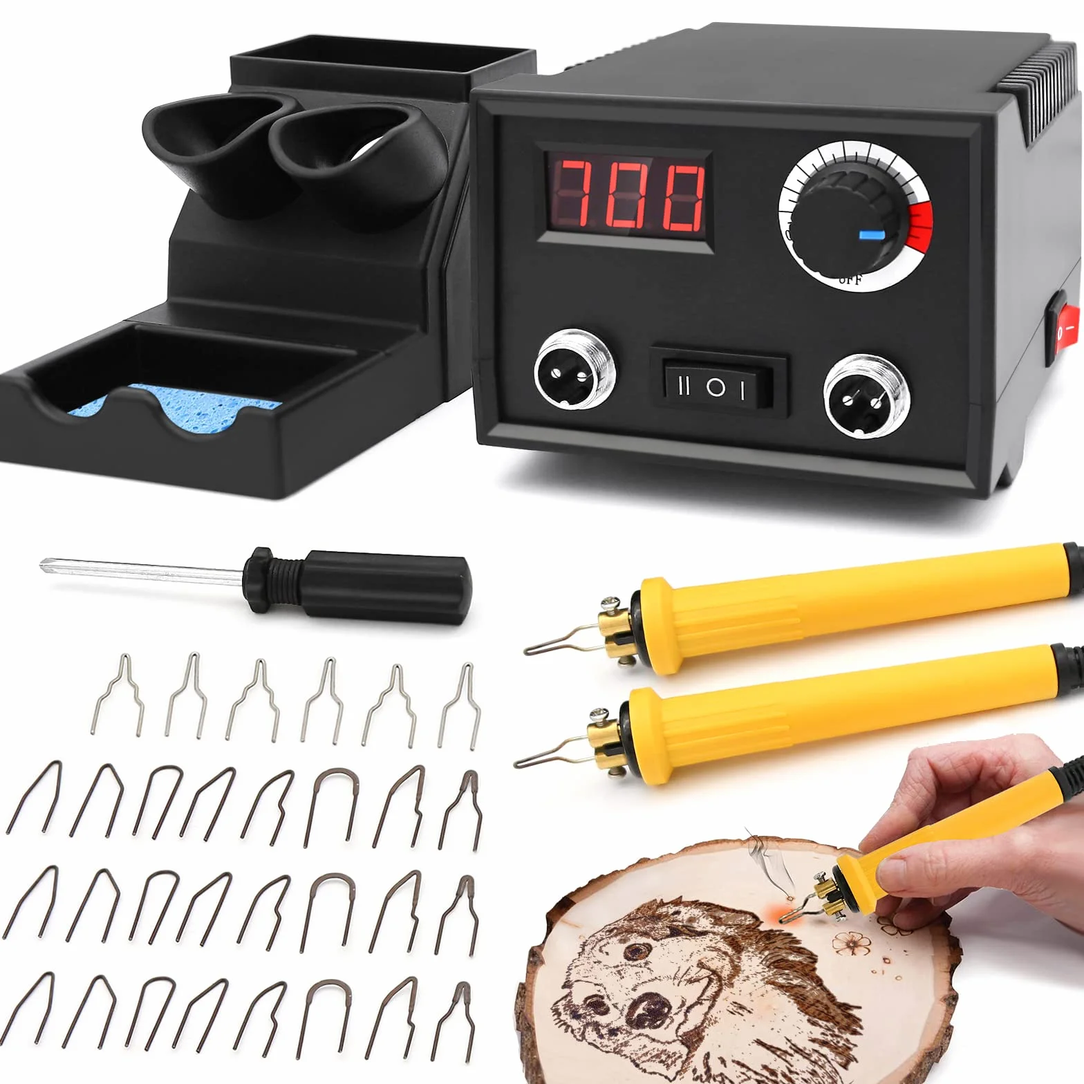 Maszyna do pirografii z 2 bolcami, Luriseminger 60 W, do spalania drewna z 30 końcówkami drutu pirograficznego, regulowana temperatura 0-700°C, lutownica do drewna, skóry, bambusa