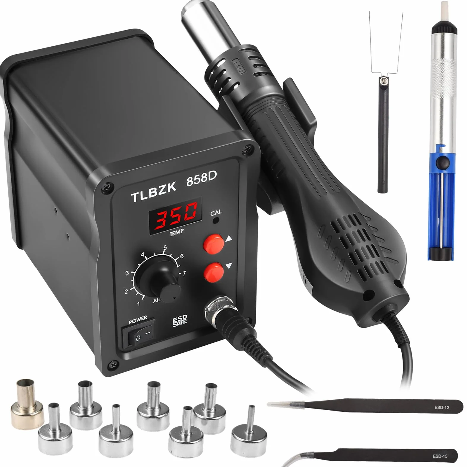 858D 220 V stacja lutownicza SMD z pistoletem na gorące powietrze, stacja lutownicza z 8 dyszami do naprawy elektroniki
