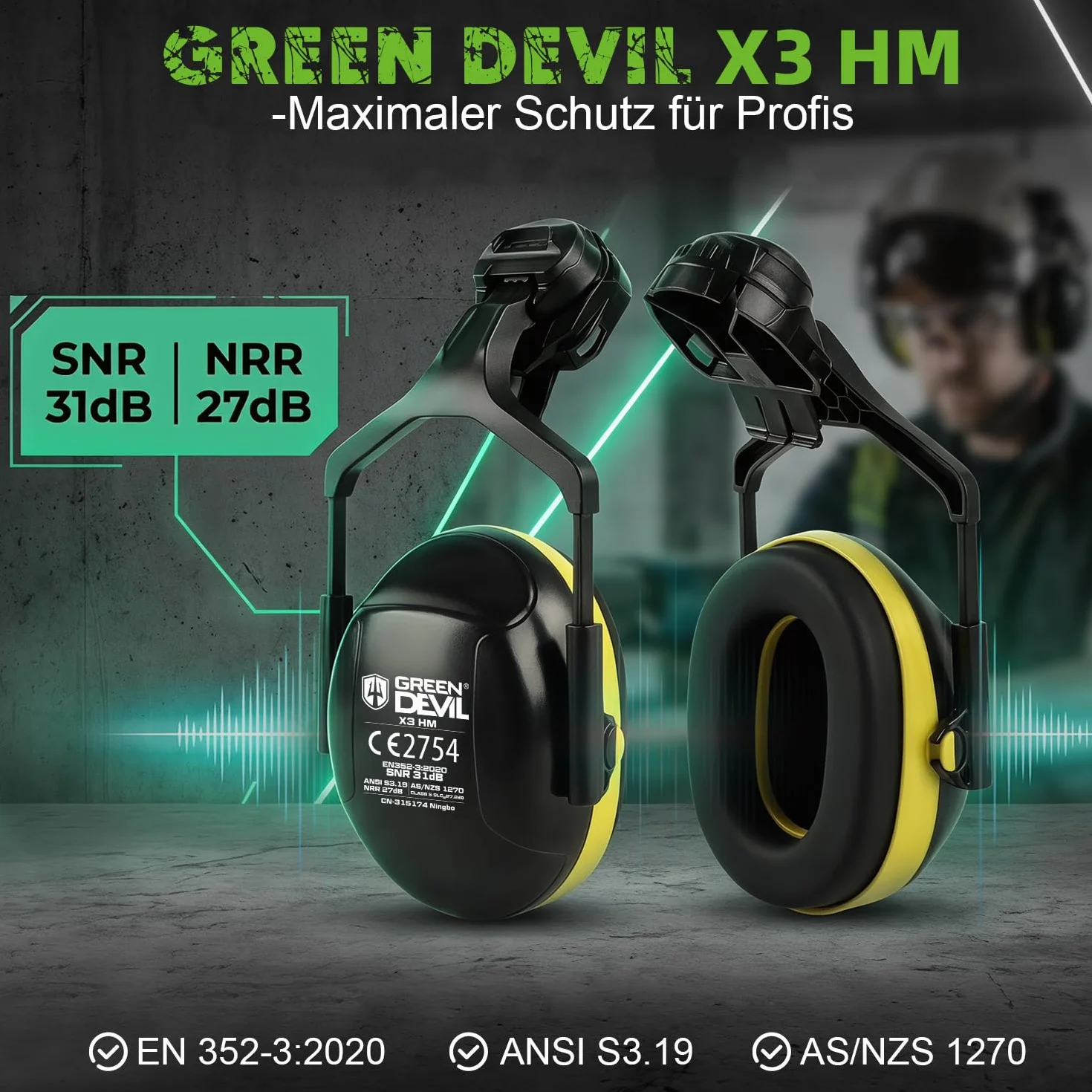 GREEN DEVIL Mervex kask ochronny – kask leśny z podwójnymi okularami ochronnymi EN166 i tłumikiem EN352 SNR32dB, certyfikat EN397, materiał ABS, unisex, do prac ogrodowych, wyrębów drewna i na placu