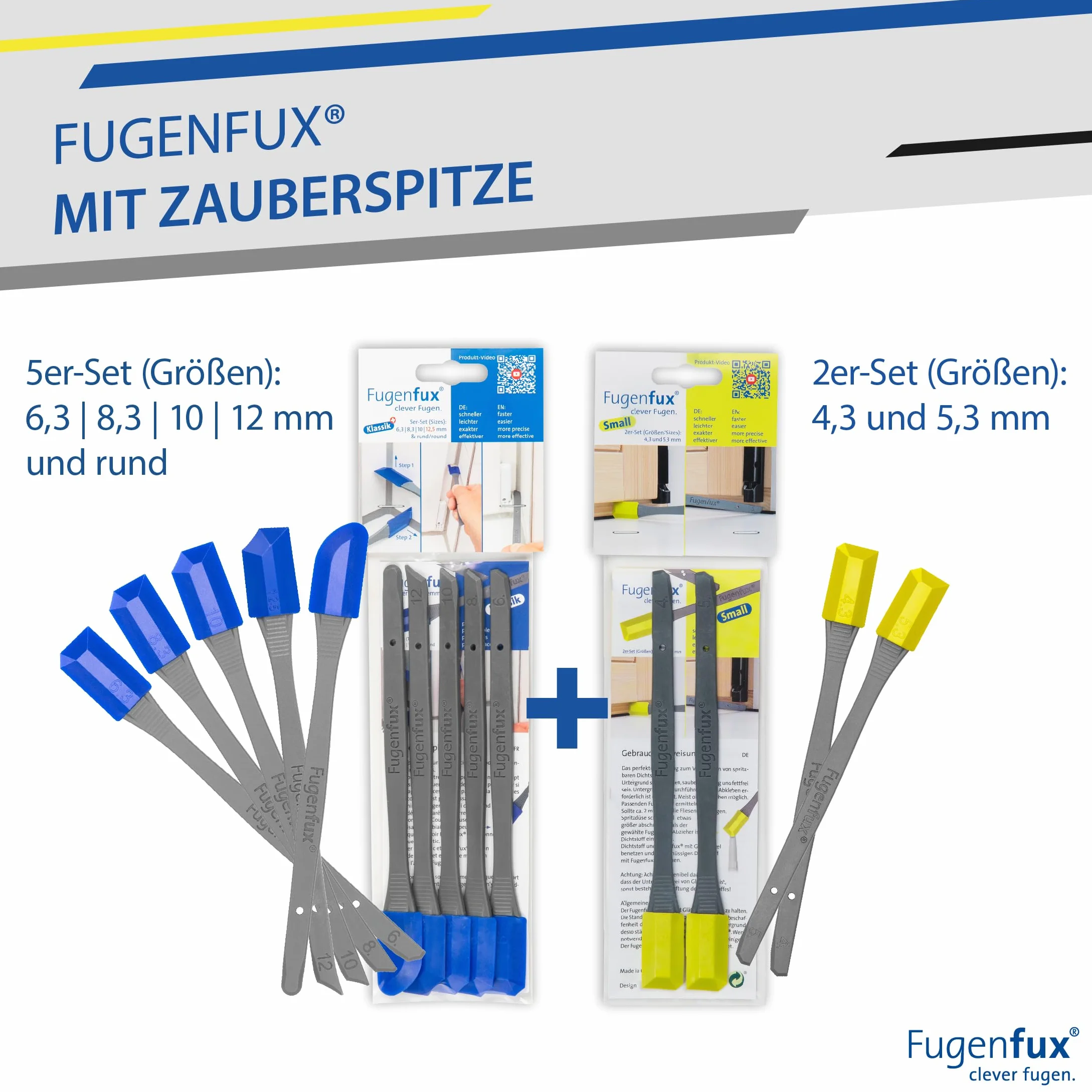 FUGENFUX® Zestaw profesjonalny: Classic 5 + Mały – Specjalny ściągacz do fug – Gładzik do fug każdej wielkości – Ściągacz do fug z rewolucjonującą magiczną końcówką do trudno dostępnych miejsc