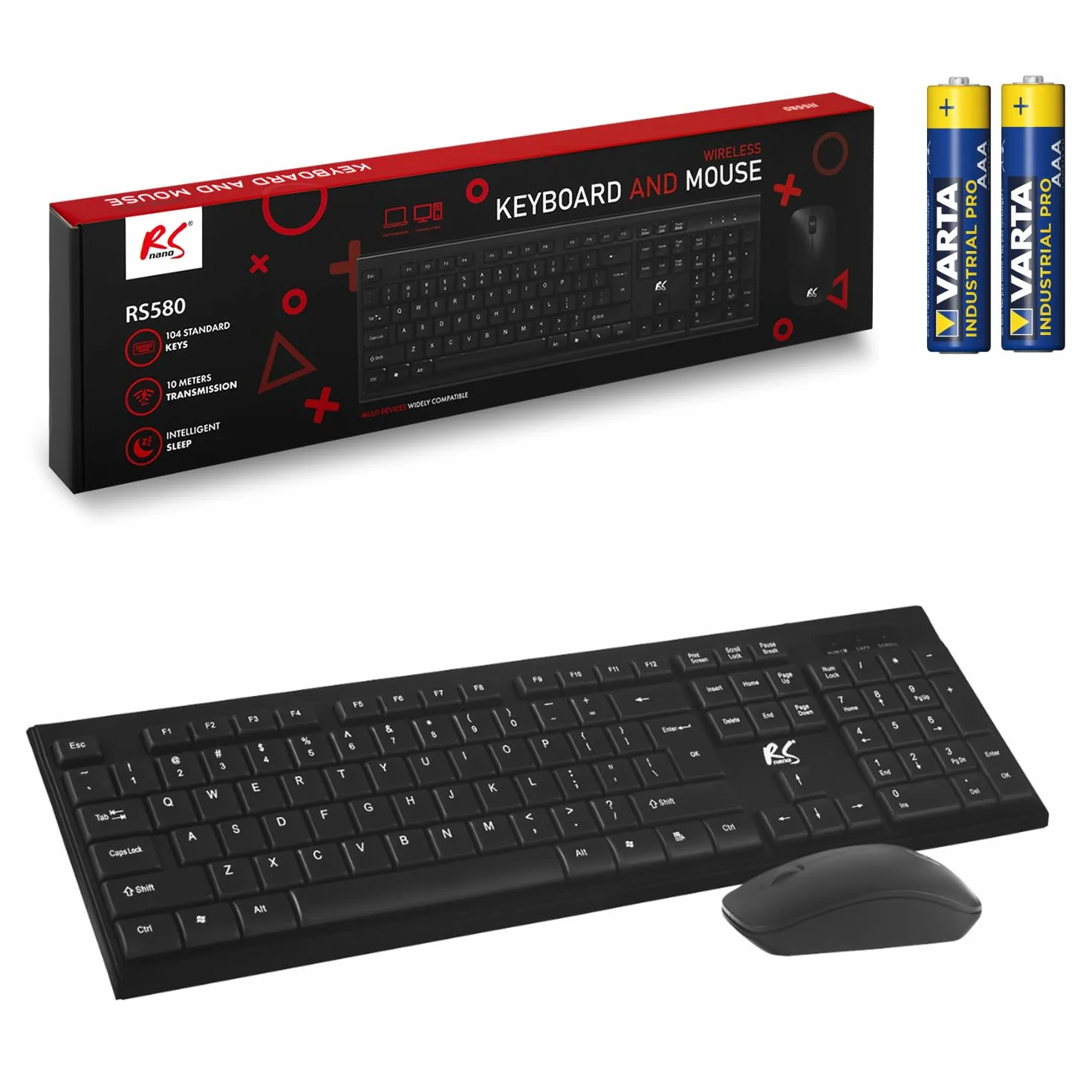 Bezprzewodowa klawiatura i mysz NanoRS RS580 połączenie 2,4 GHz 104 klawisze klawiatura numeryczna ergonomiczna mysz 1200 DPI kompatybilna z Windows Mac + 2 baterie przemysłowe AAA w zestawie