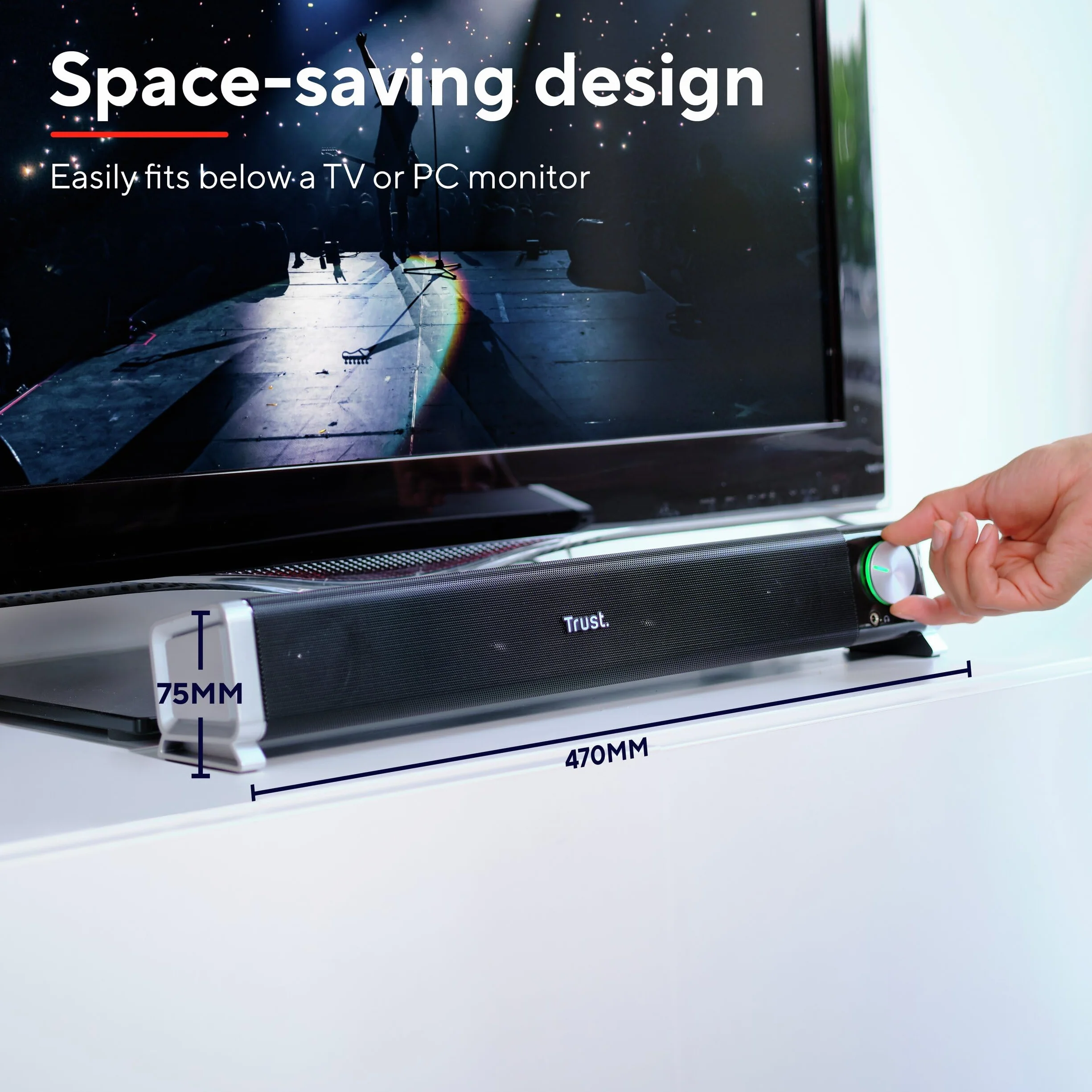 Trust Asto 12 W głośnik PC Soundbar, ze złączami do słuchawek i mikrofonu, zasilanie USB, system audio do komputera, laptopa, telewizora - czarny