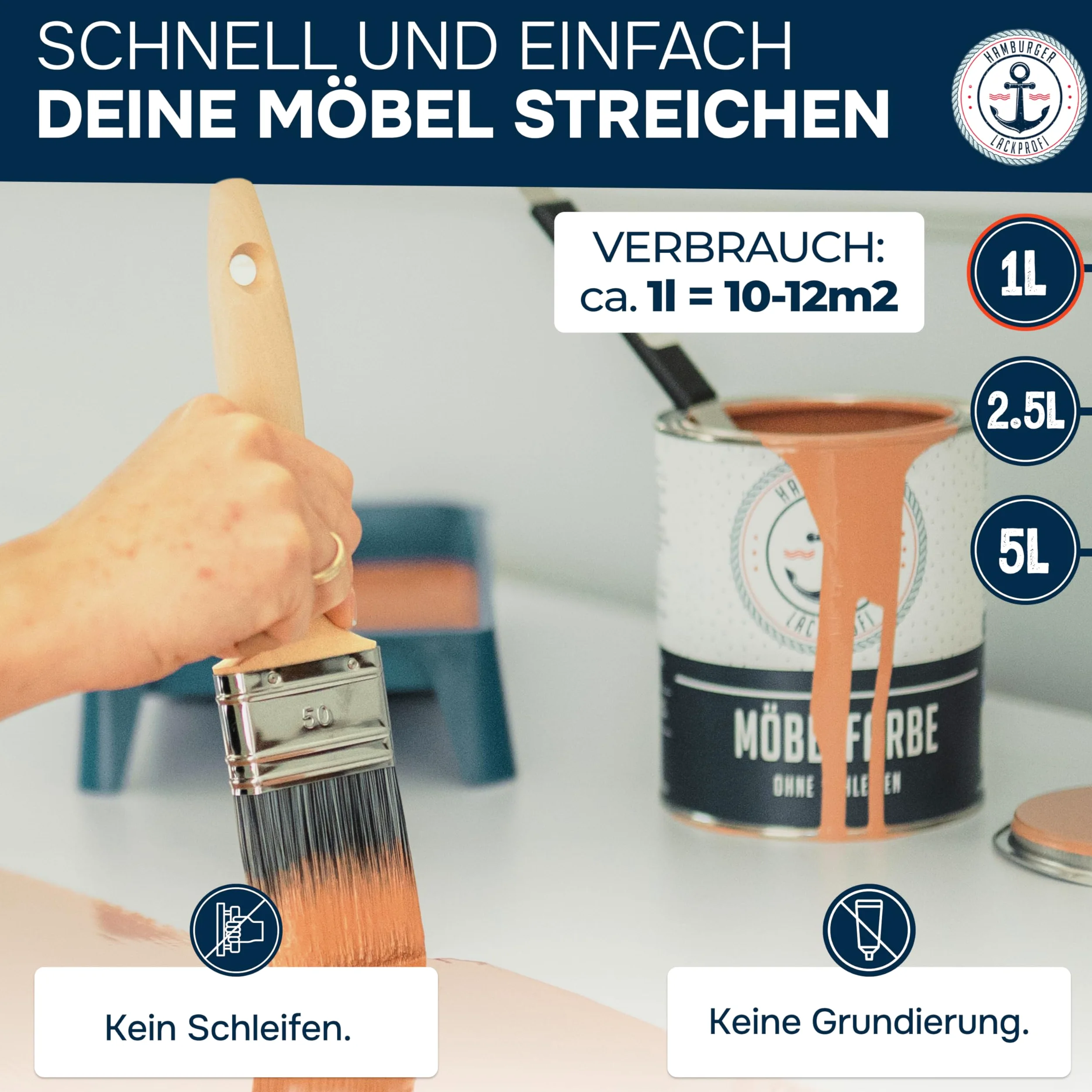 farba do mebli bez szlifowania WYBÓR KOLORU - WYBÓR POŁYSKU lakier do mebli drewno i metal - do wnętrz i na zewnątrz (kit (1 Liter)) Hamburger Lack-Profi