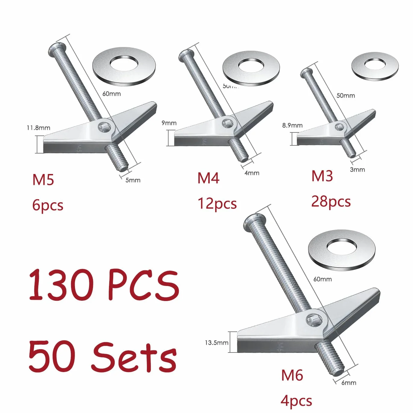 50 sztuk kołków uchylnych, 4 rozmiary kołków sprężynowych, M3/M4/M5/M6, kołki rozporowe do wydrążonych przestrzeni, zestaw metalowy, ocynkowana stal węglowa do zawieszenia ciężkich przedmiotów