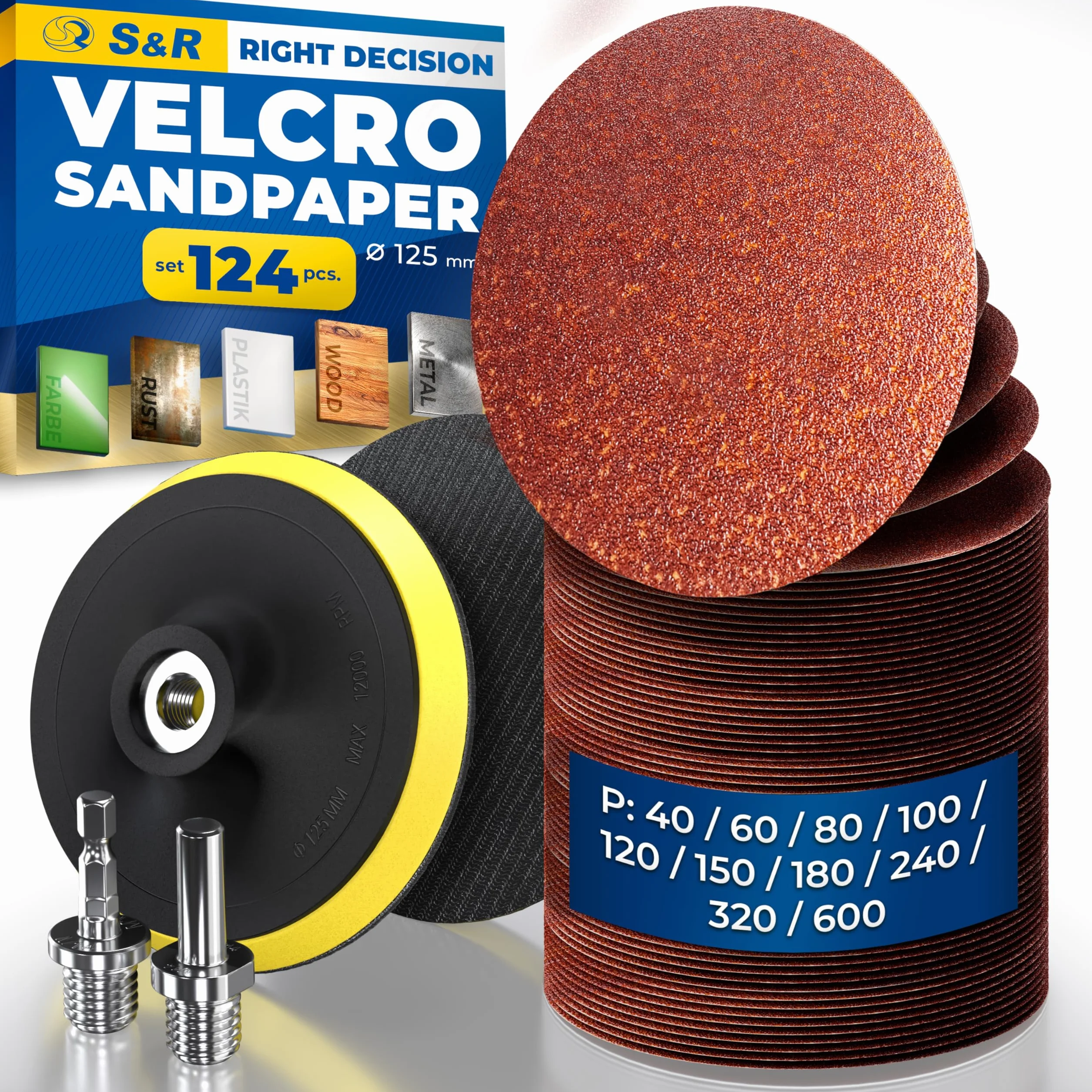 S&R Professional papier ścierny 125 mm na rzep, zestaw 124-częściowy, 120 kątownic szlifierskich 125mm do drewna, metalu, plastiku, 10 ziarnistości P40–P600, z 2x tarczami szlifierskimi, 2x adapterami