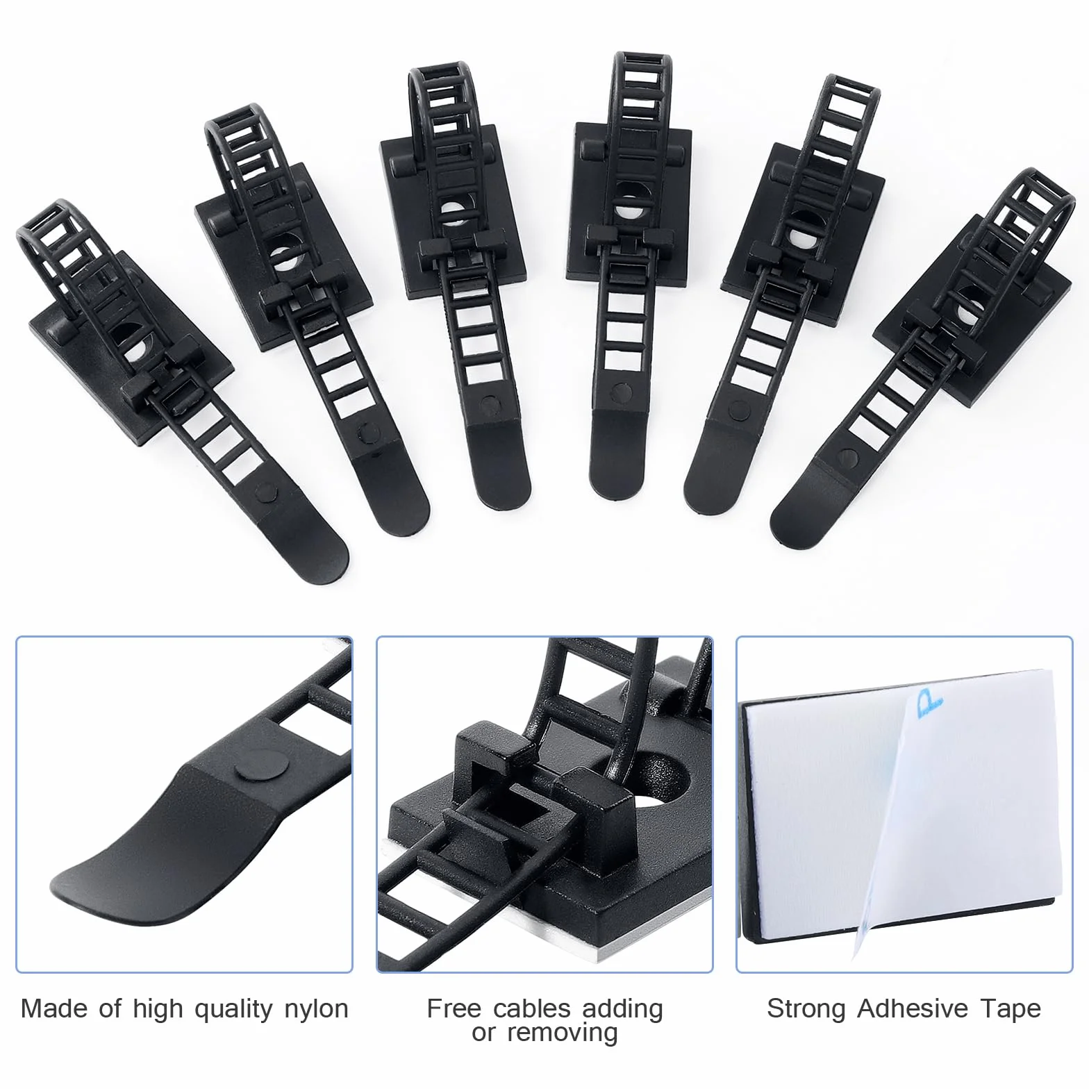 100 sztuk regulowanych zacisków kablowych, samoprzylepne, czarne, klipsy do kabli, uchwyt na kabel z podkładką samoprzylepną, do biurka, kabla sieciowego, kabla USB, ładowarki