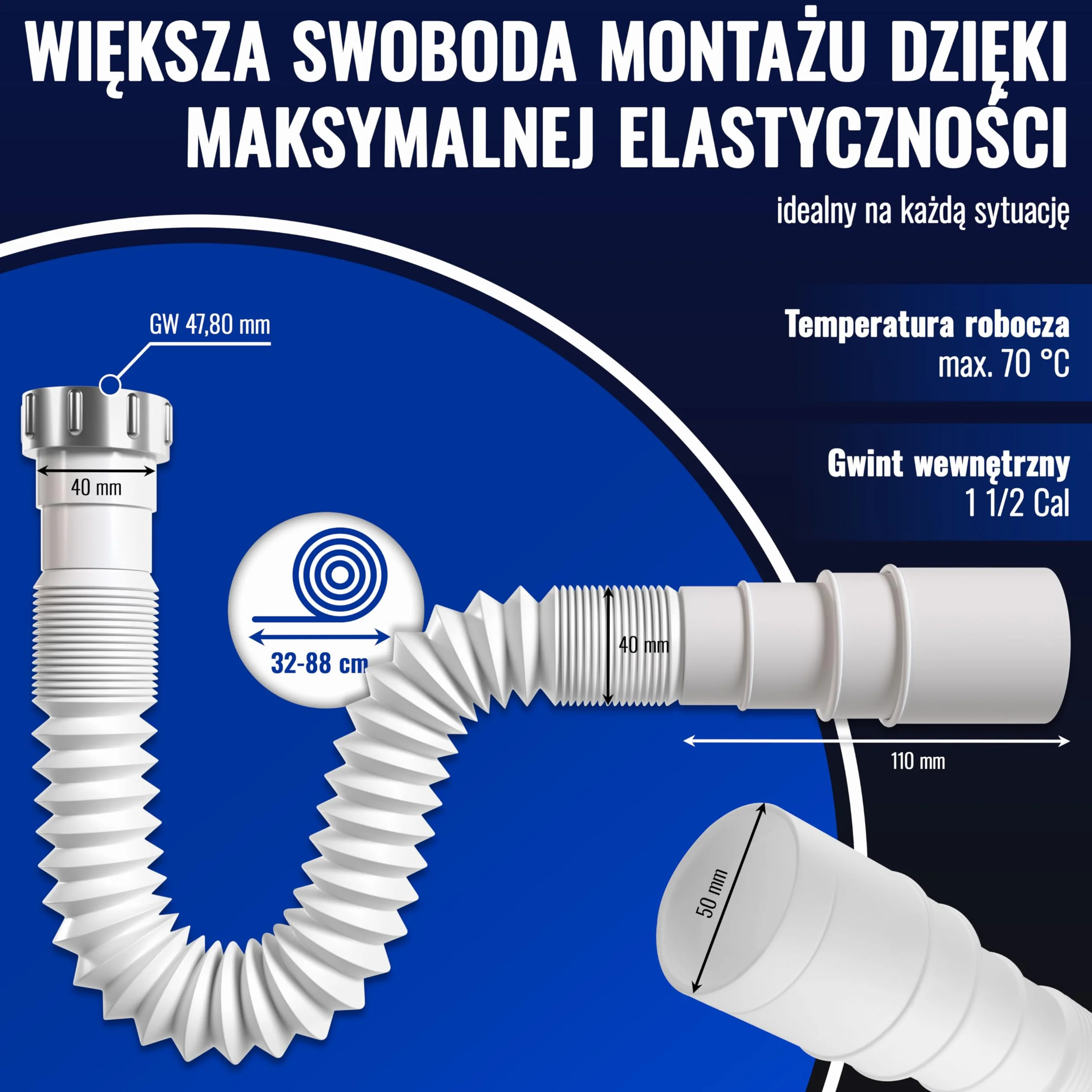 Poppstar elastyczny syfon do zlewu/zlewozmywaka 1 1/2" x 40-50 mm, wąż odpływowy 320-880 mm, biały