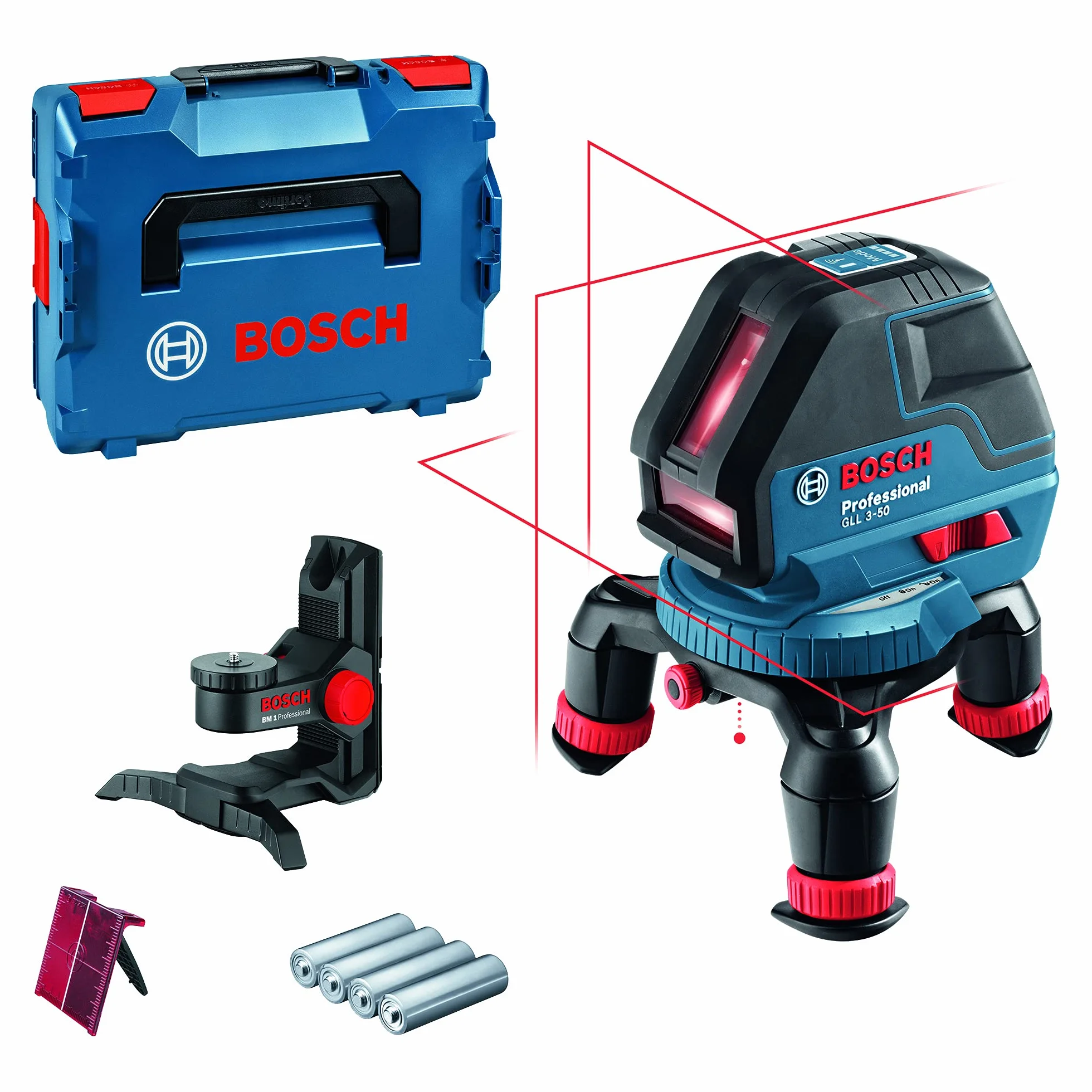 Bosch Professional Line Laser GLL 3-50, 4x baterie AA, tarcza celownicza, uchwyt uniwersalny, torba ochronna, wkładka do L-BOXX, pudełko kartonowe