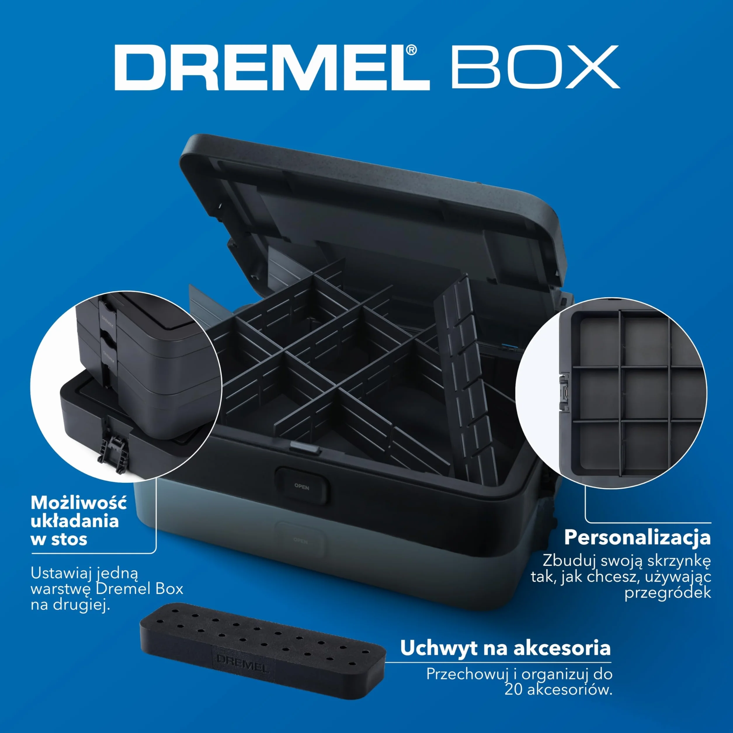 Dremel Black Box Przechowywanie narzędzi z 6 przegródkami i uchwytem na akcesoria, Personalizowany organizer DIY do akcesoriów narzędzi obrotowych, kompaktowy i modułowy system przechowywania