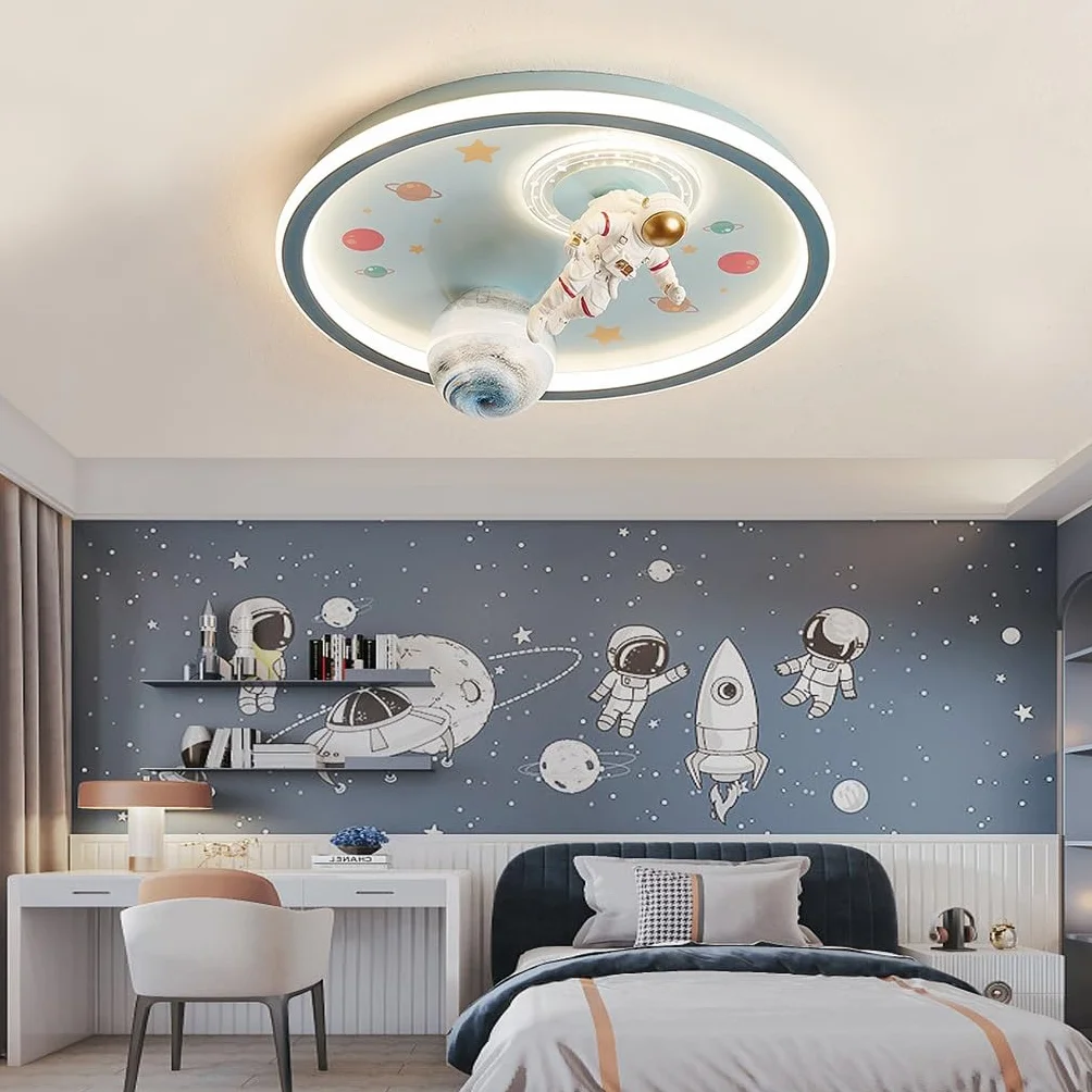 Lampa sufitowa LED do pokoju dziecięcego z kreskówek LED z pilotem dla dzieci astronauta Możliwość przyciemniania Lampa do pokoju dziecięcego szklany klosz chłopiec dziewczyna sypialnia pokój (