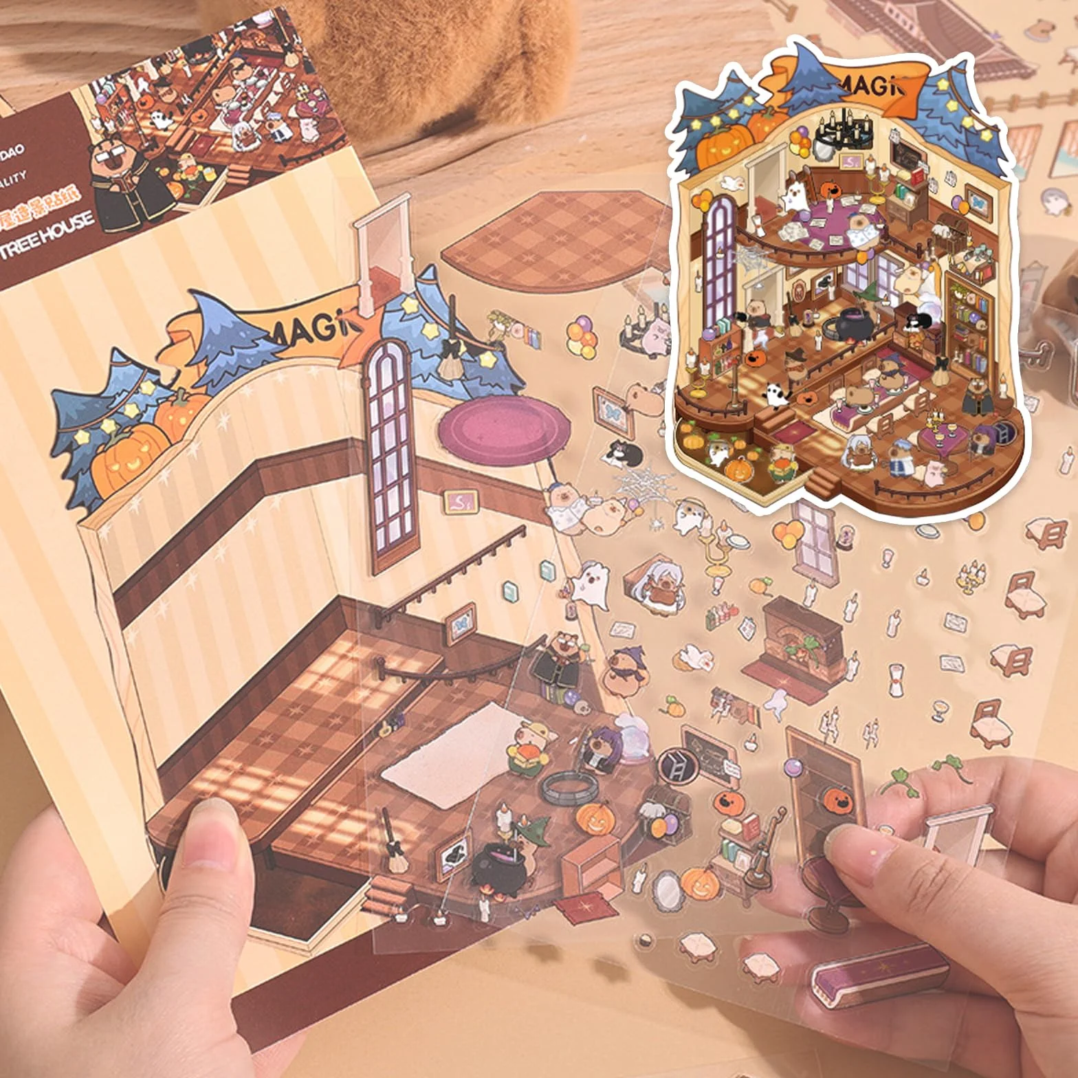 AYNKH 4 zestawy DIY Capybara World Series 3D naklejki krajobrazowe, urocze zabawne naklejki z kreskówkową sceną, muzeum, hotel, domek na drzewie, restauracja, ulga, stres, mijanie czasu, kreatywne