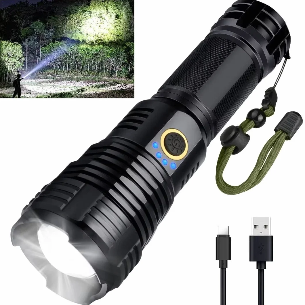 Rechargeable LED Flashlights, 90000 High Lumens Flashlight, XHP70 Tactical Flashlight with Zoomable, 5 Modes, Military Grade Waterproof Super Bright Flashlights for Emergencies, Camping, Hiking