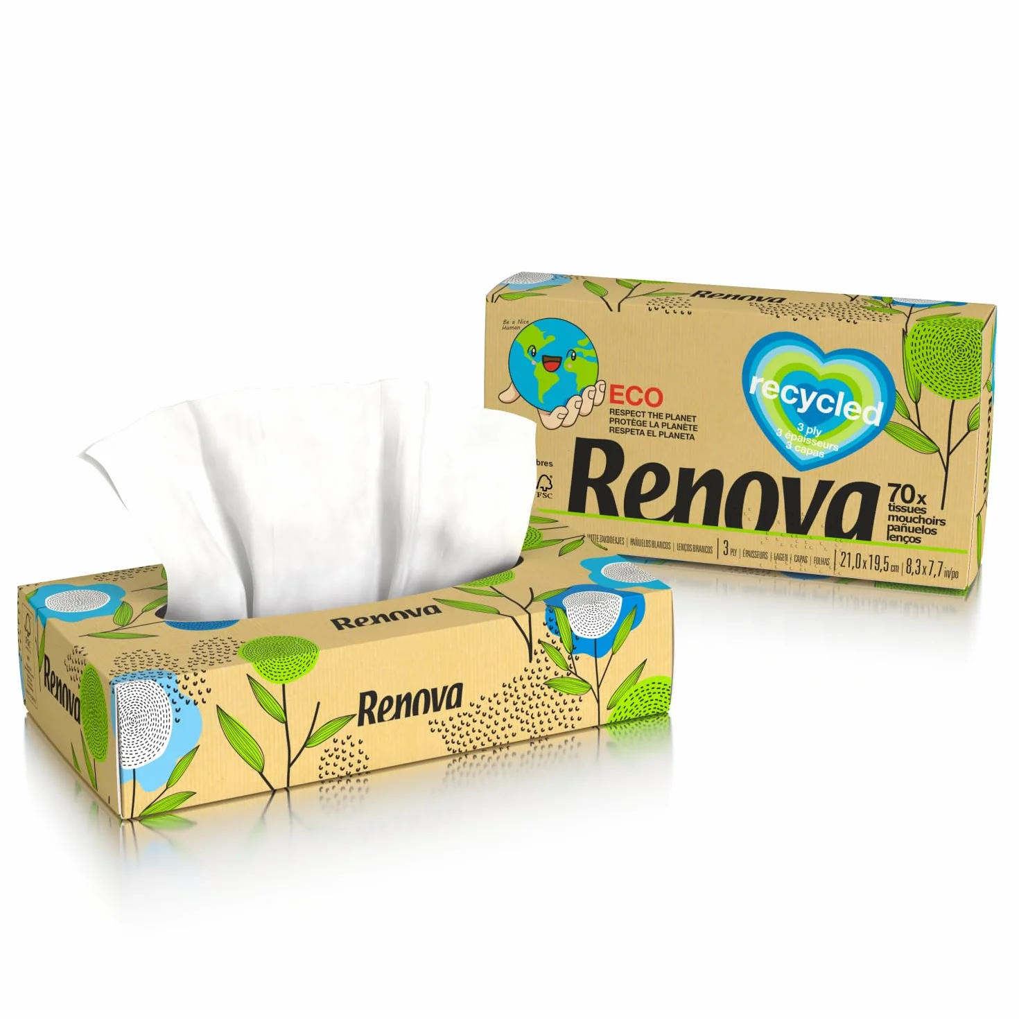 Renova Chusteczki do twarzy Renova Recycled | Opakowanie 70 chusteczek | Papier z recyklingu | Certyfikat FSC i Ecolabel