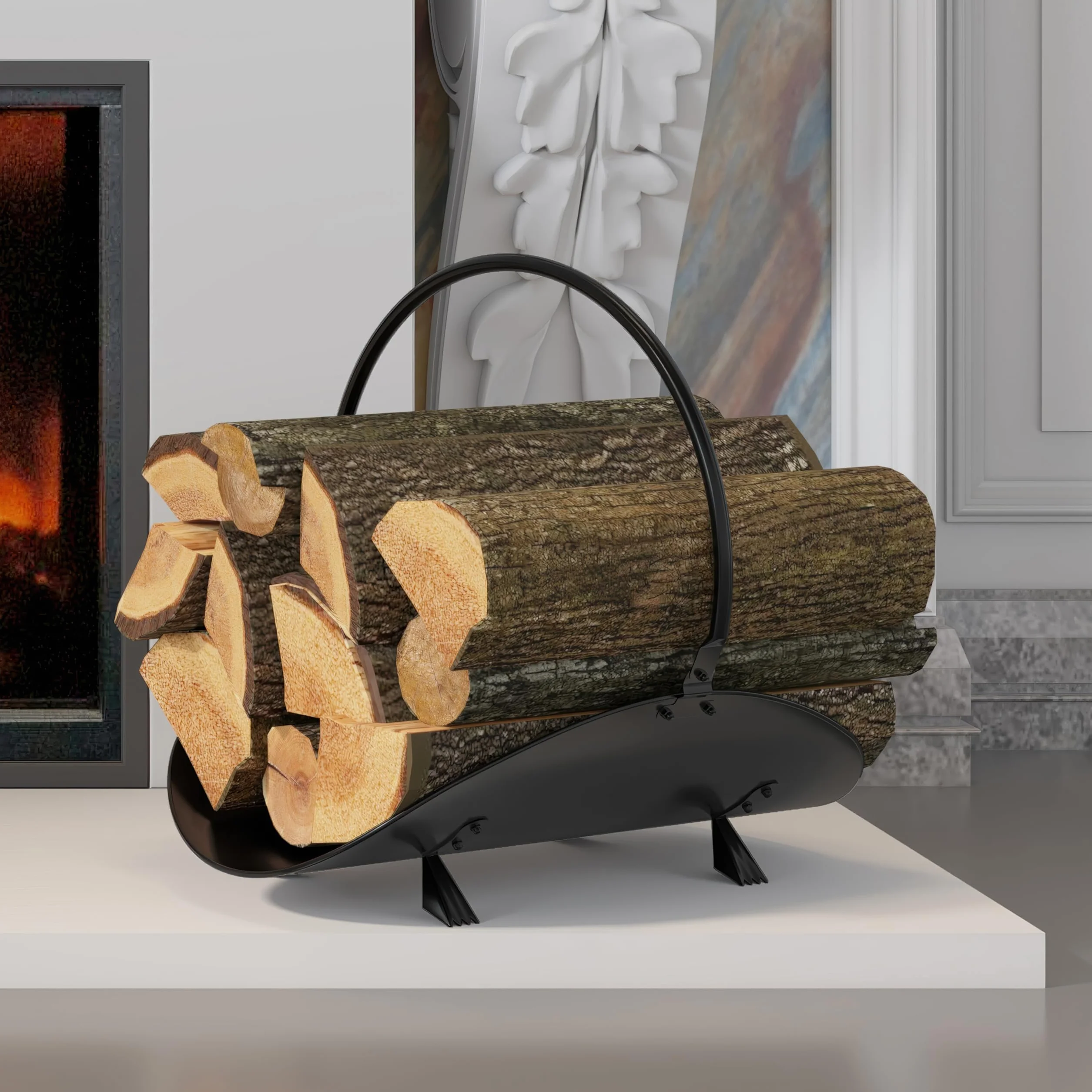 Kingson Czarny kosz na kłody - 48 x 34 x 37 cm - nowoczesne rozwiązanie do przechowywania kłód kominkowych