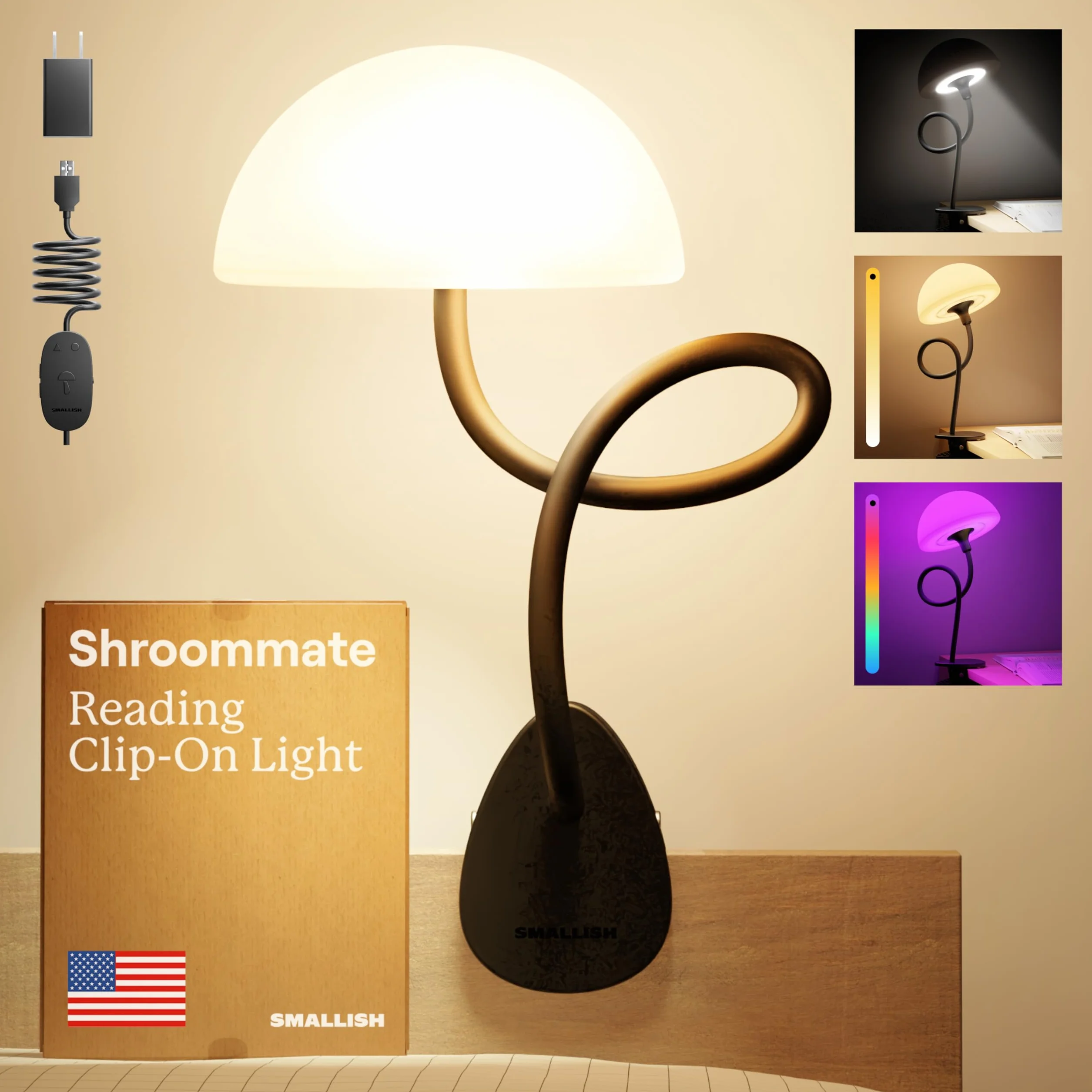Shroommate Essential Clip On Bed Light - zagłówek i lampka na stolik nocny, elastyczna lampa do czytania, lampka nocna do pokoju dziecięcego, klips na biurko, wielokolorowe diody LED, adapter w