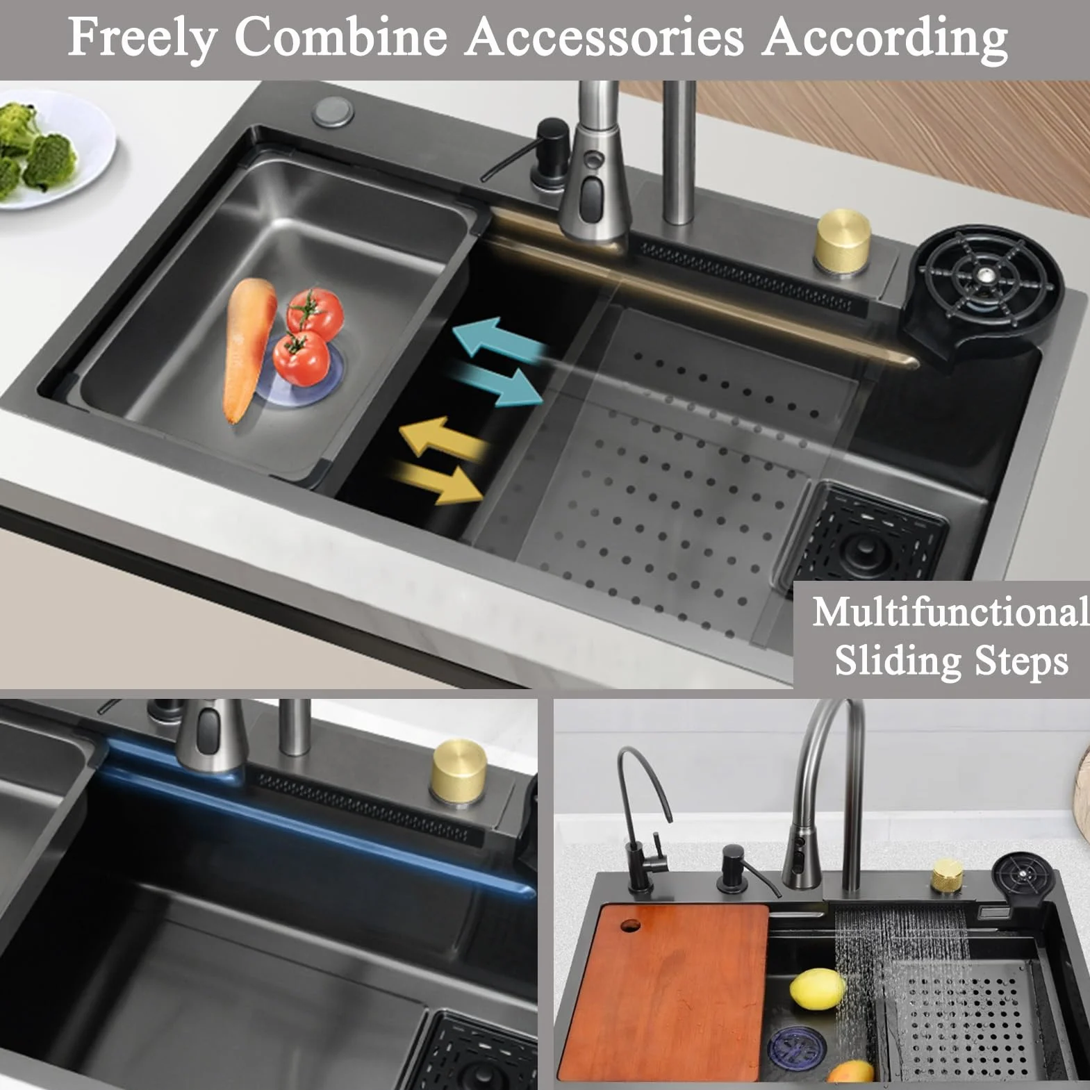 Waterfall Kitchen Sink Stainless Steel Top Mount Sink Black Nano Single Bowl Sink Multifunctional Workstation Sink With Pull-out Faucet, Glass Cup Washer, Drain Basin, Drainage Assembly(80x45x22cm)