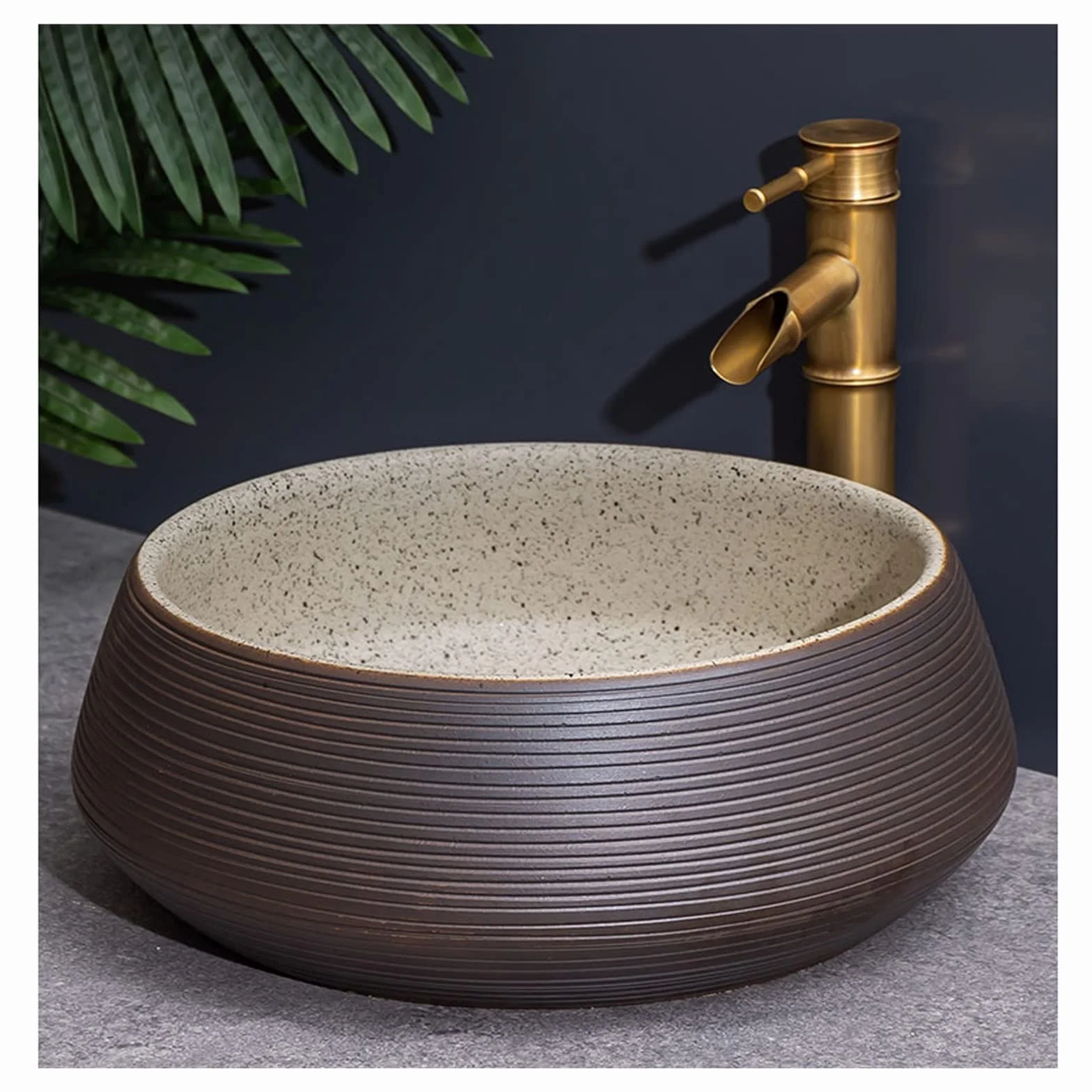 Okrągła Umywalka Nablatowa, Minimalistyczna Porcelanowa Umywalka Łazienkowa Nablatowa, Ceramiczna Umywalka Z Baterią W Kształcie Bambusa, O Teksturze Linii