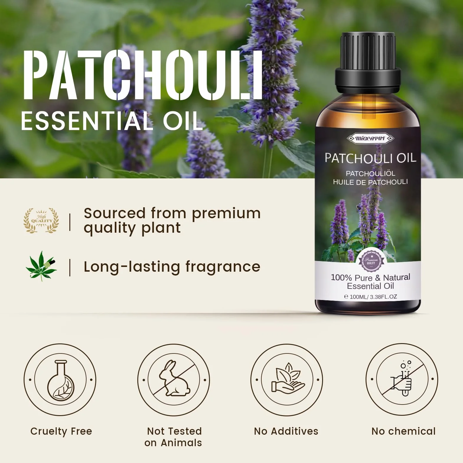 MIGCAPUT Olejek Eteryczny z Paczuli 100ML, Elegancki Zapachowy Premium, Naturalny Aromaterapeutyczny do Dyfuzorów, Świec DIY, Mydeł, Perfum