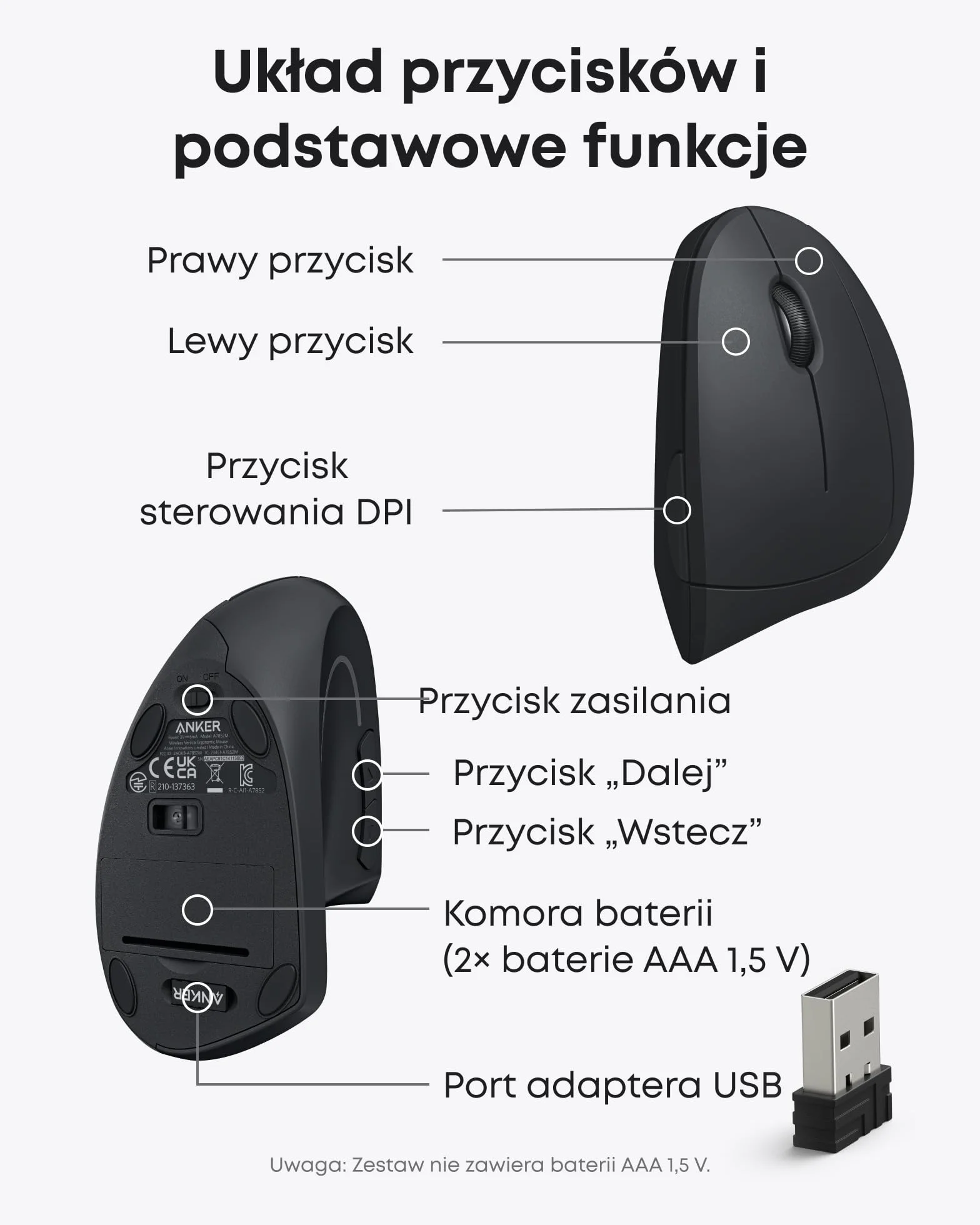 Anker 2.4 G Vertical Wireless Ergonomic Mouse for Windows, Mac OS, USB, 800/1200 / 1600 DPI, 5 Buttons
