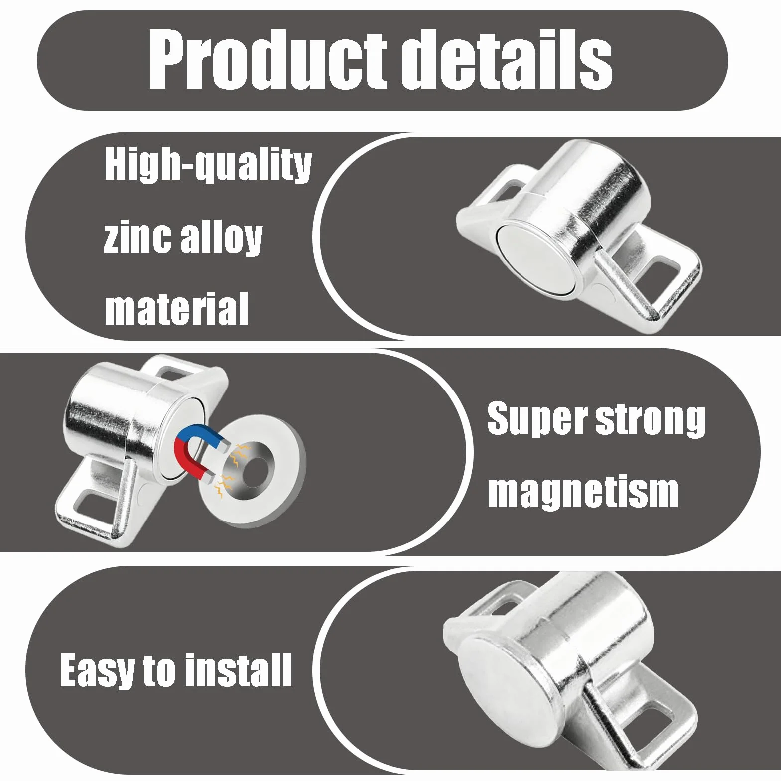 4 sztuki magnesu do drzwi, magnes do szafki ze stopu cynku, mocne zamknięcie magnetyczne do szafki, długotrwała magnetyczna siła, łatwe do zainstalowania, nadaje się do szafek, szuflad