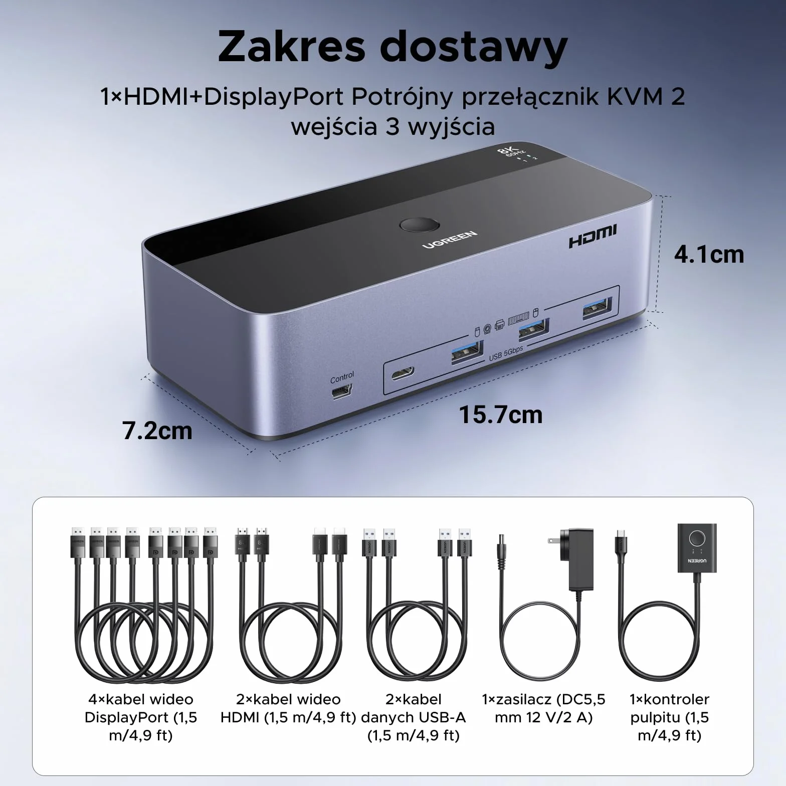 UGREEN Przełącznik KVM HDMI DisplayPort 8K60Hz 3 monitory 4 porty USB 3.0