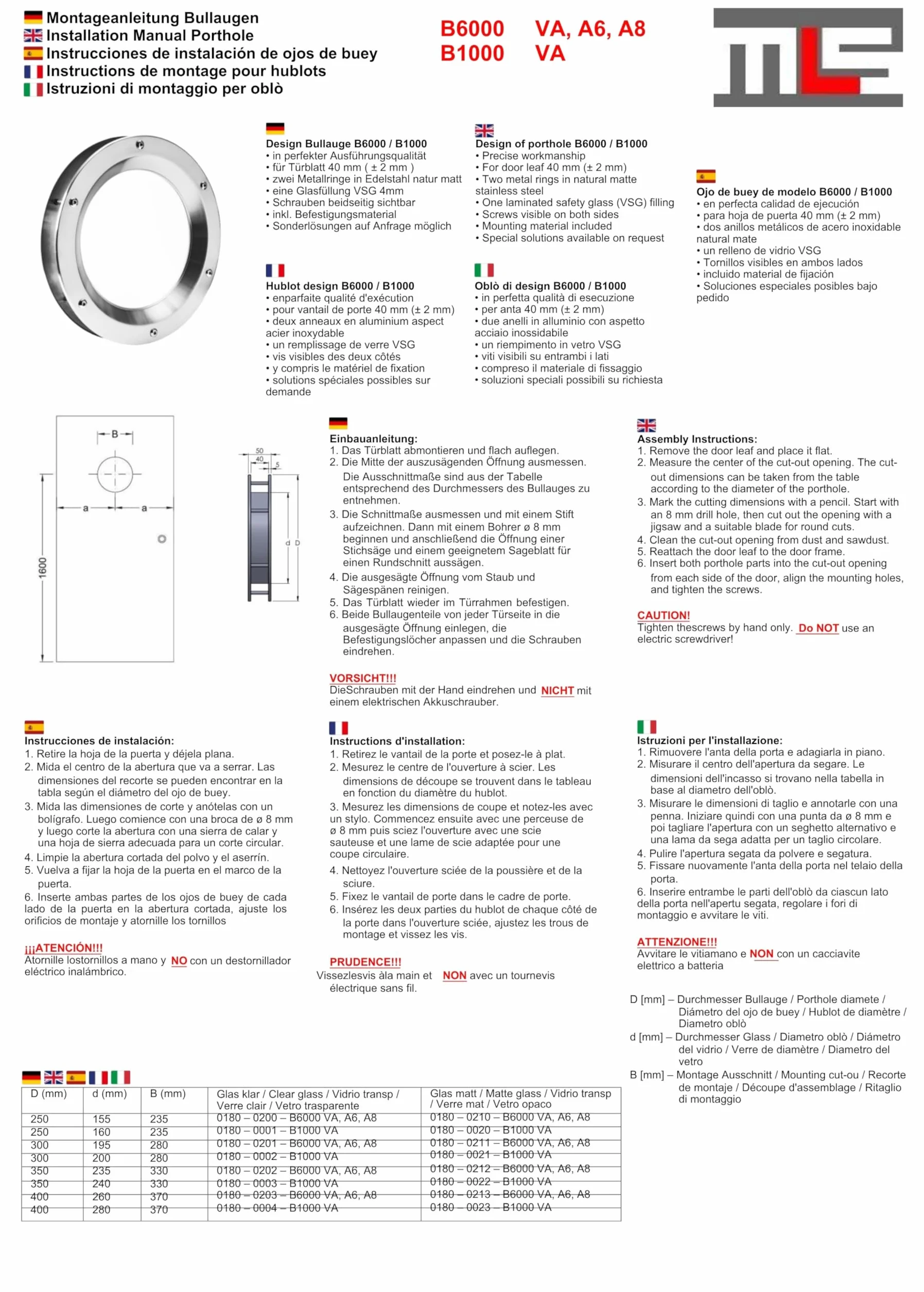 MLS B6000 Bulaj do Drzwi, z Wytrzymałego Aluminium, Bezpieczne Szkło VSG, Odpowiedni do Drzwi o Grubości 40 mm, Widoczne Śruby Montażowe, Średnica 300 mm, Szkło Matowe, Srebrny