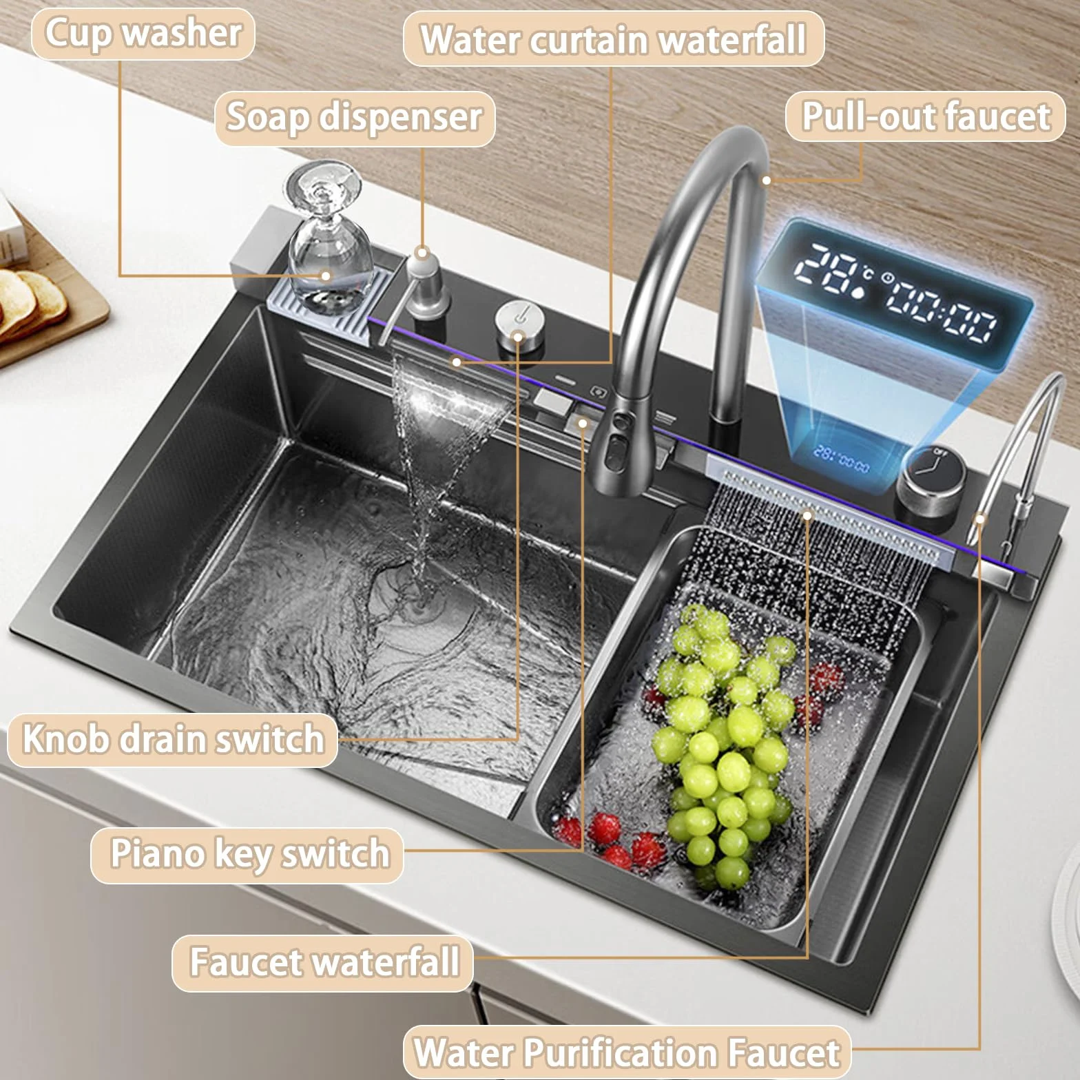 68cm Wielofunkcyjny cyfrowy zlew wodospadowy, jednokomorowy zlew kuchenny ze stali nierdzewnej z wyciąganą baterią wodospadową, zmywarką do filiżanek i zestawem akcesoriów do zlewu