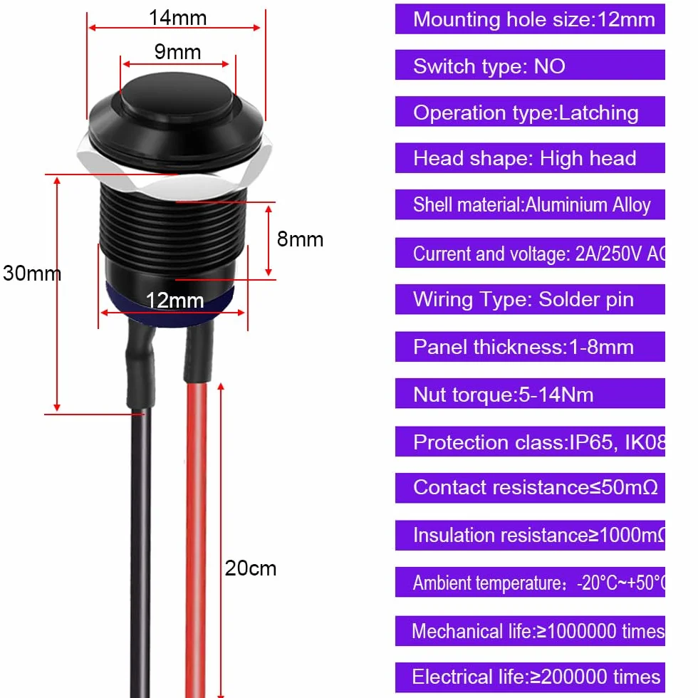 Gebildet 3 Sztuki Wstępnie Okablowanych Zatrzasków IP65 z Blokadą, Samoblokujący się Przycisk ze stopu Aluminium, wł./wył., 12mm, 2A, 12V/24V/125V/250V AC (wysoka głowica)