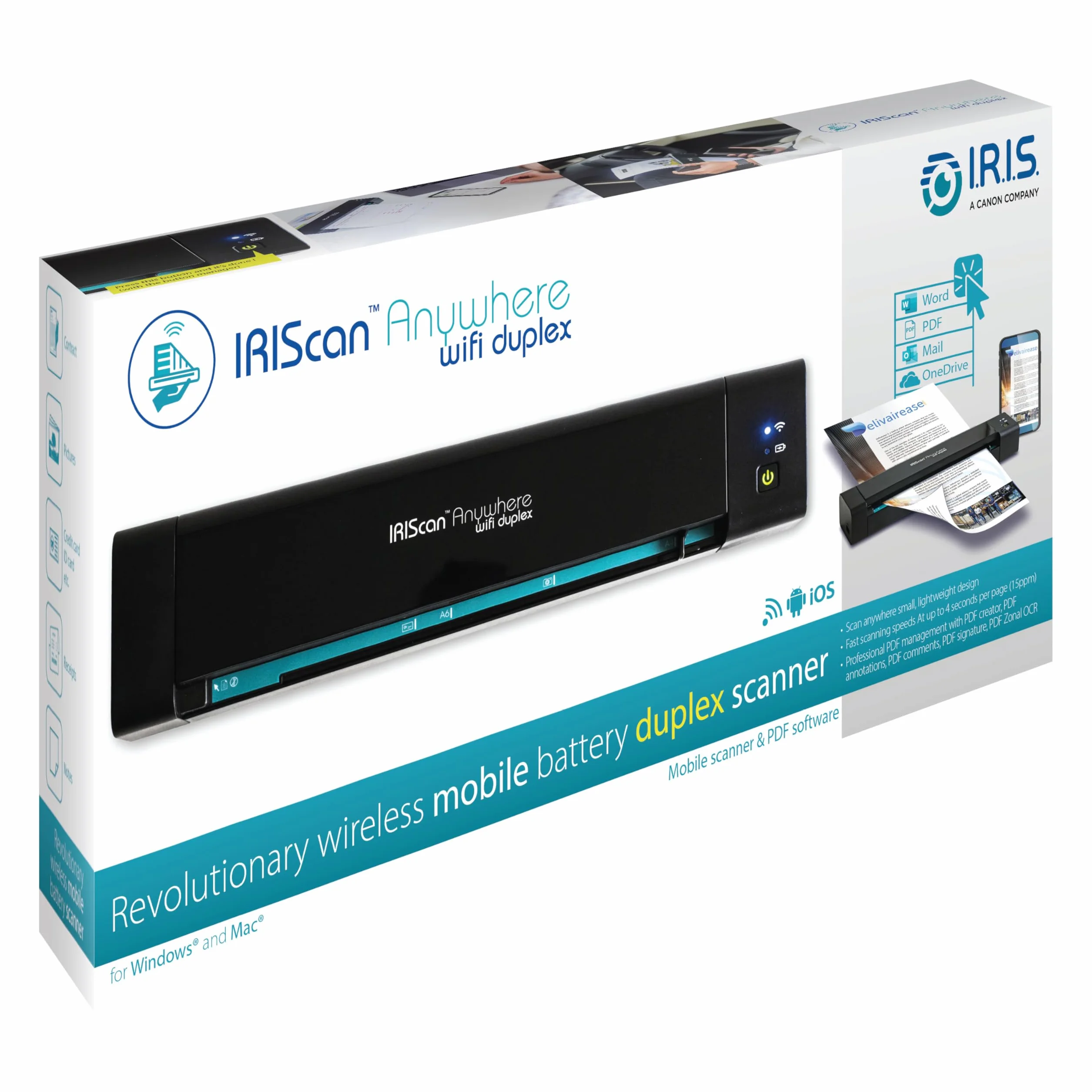 IRIScan Anywhere 6 WiFi Przenośny skaner dwustronny: 15 PPM | Skaner dokumentów | Skaner a4 | Bateria | WiFi | OCR | PDF | Skanowanie do USB | Czarny | WinMac | iOS Android