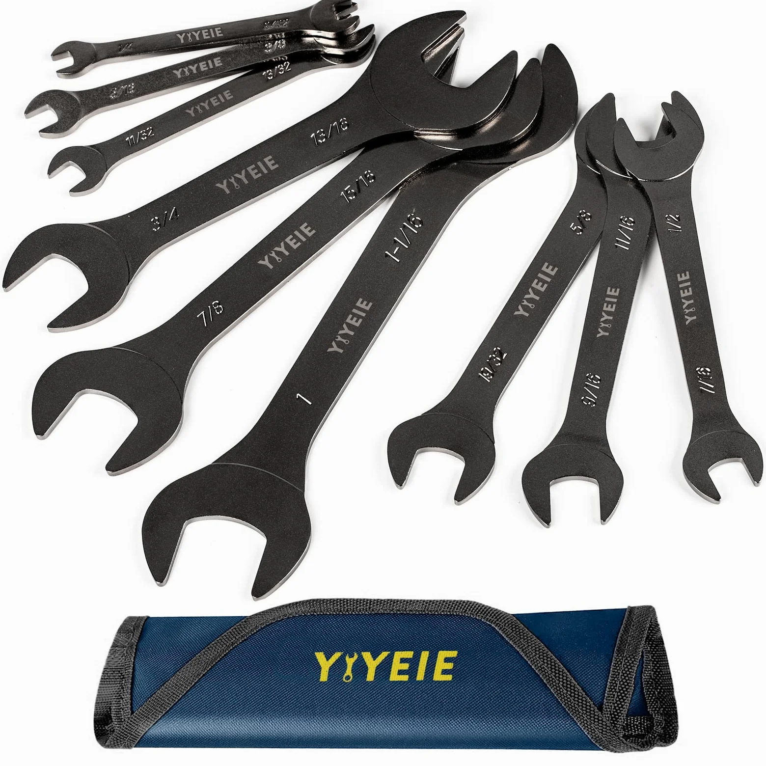 YIYEIE 9 szt. Super cienki zestaw kluczy SAE 1/10.2 cm do 1-1/40.6 cm, niklowanie, stal CR-V, ultracienki zestaw kluczy z otwartym końcem z torbą na kółkach