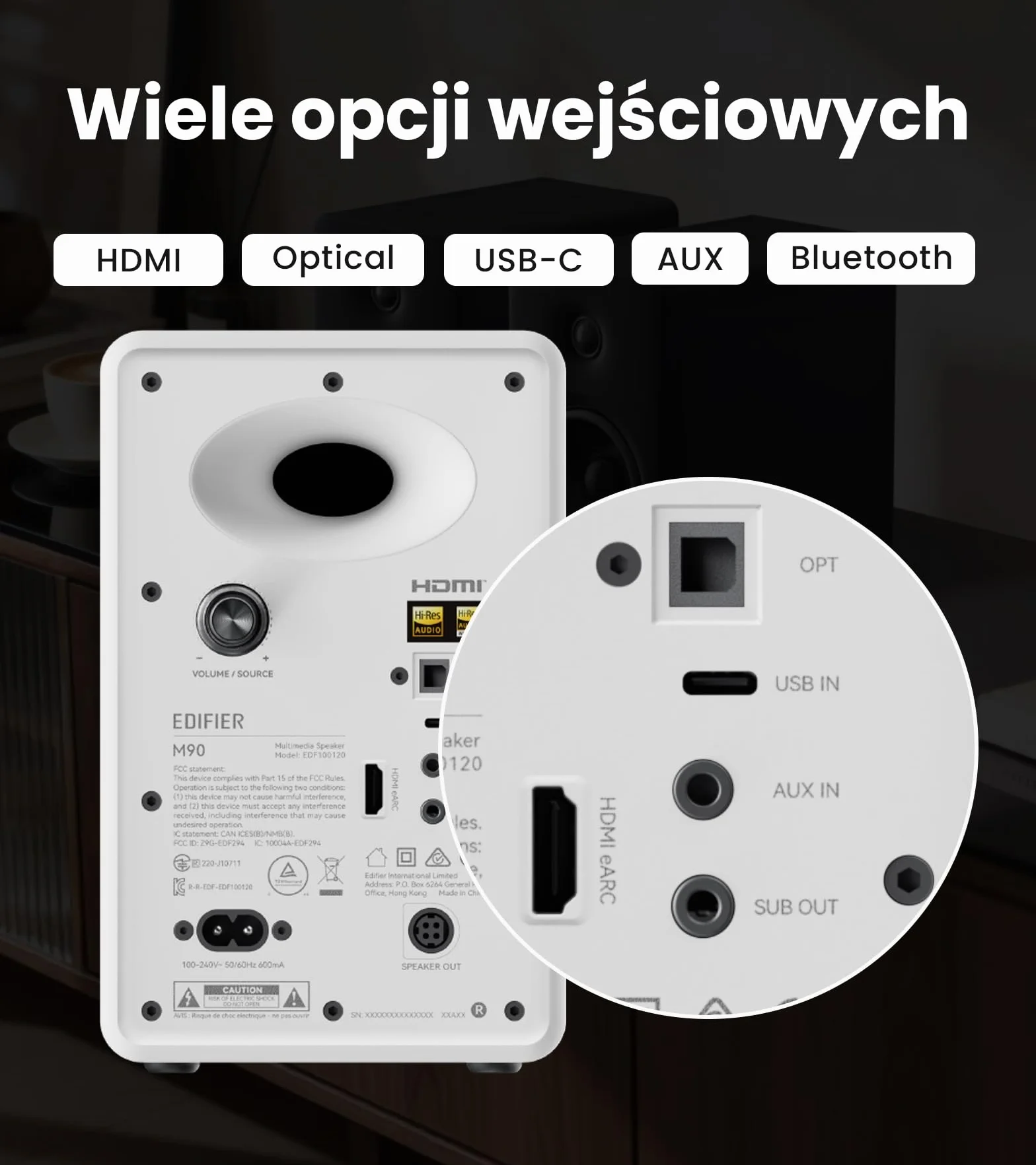 Edifier M90 Głośniki Półkowe 100W RMS Hi-Res Audio LDAC Bluetooth 6.0 HDMI eARC USB-C AUX SUB OUT Biały