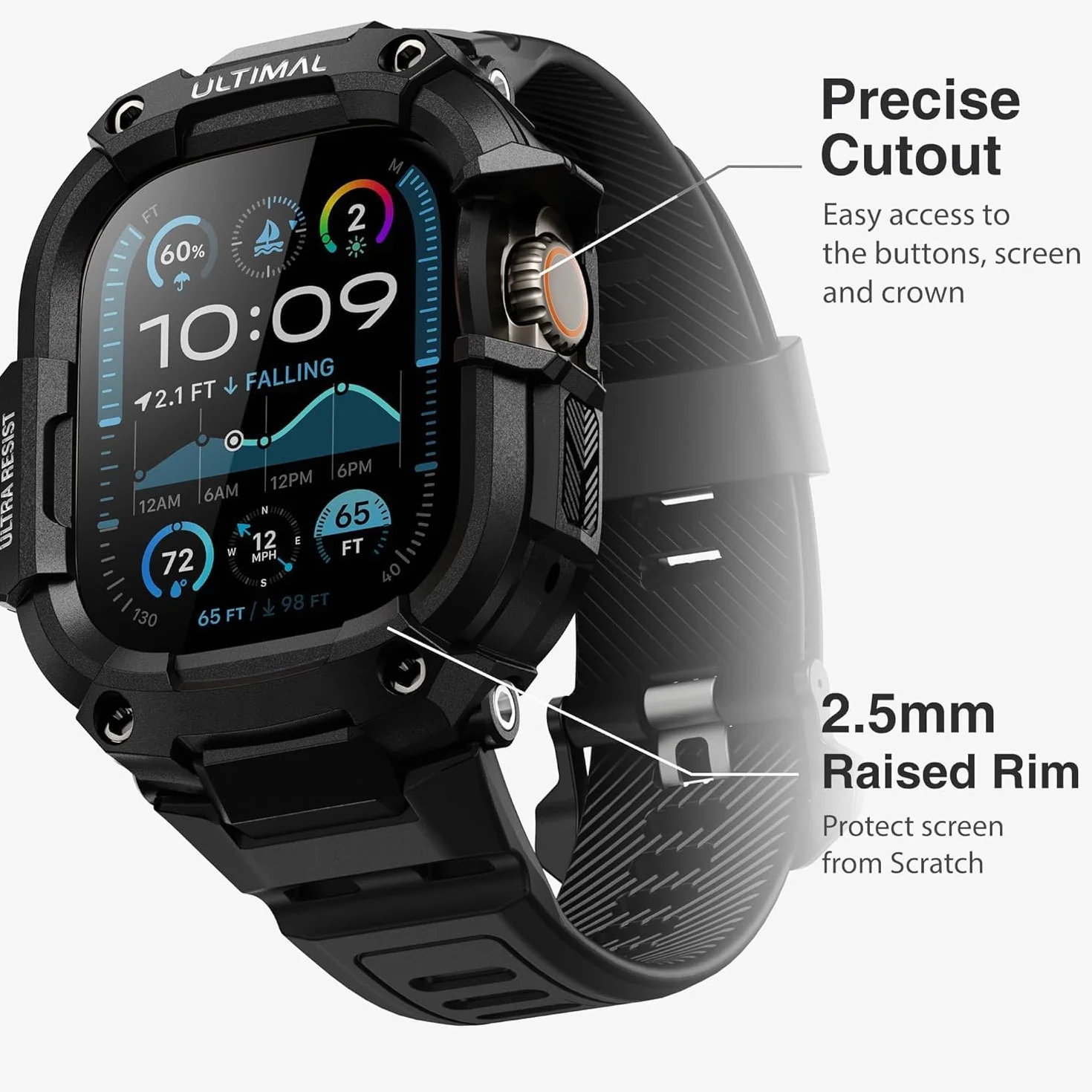 ULTIMAL Pasek kompatybilny z Apple Watch Ultra, 49 mm, z etui typu bumper, regulowany, odporny na uderzenia, wytrzymały silikonowy pasek z tworzywa TPU, do iWatch Series Ultra/Ultra 2, czarny