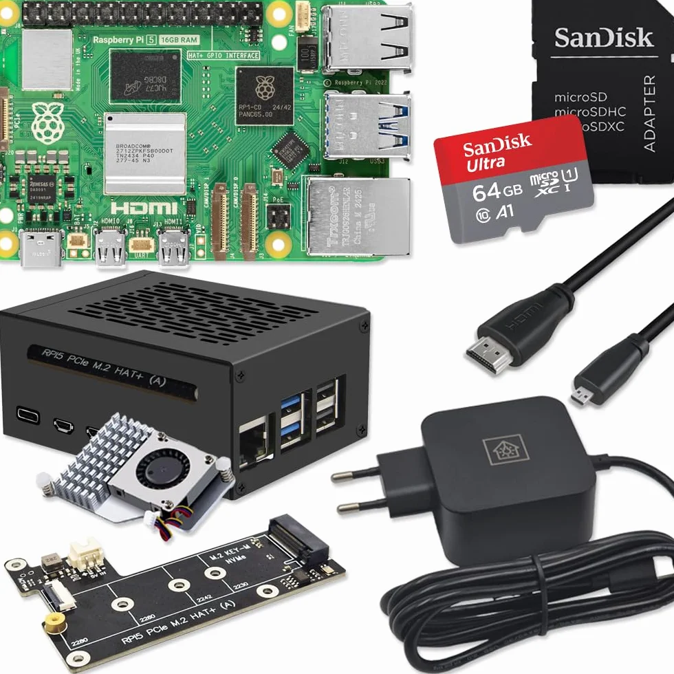 Raspberry Pi 5 16 GB zestaw metalowa obudowa Active Cooler M.2 NVMe SSD PCIe Board zasilacz USB-C 27 W karta SD Ultra 64 GB kabel micro HDMI 4K
