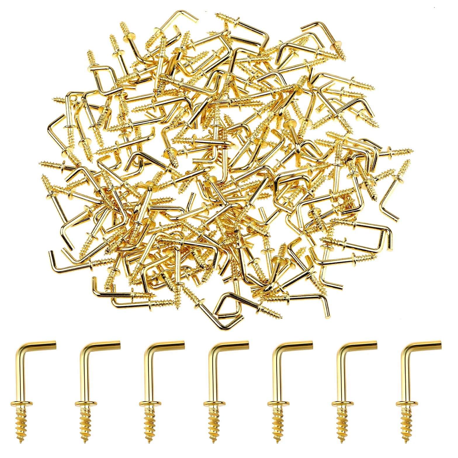 Jeffdad 150 szt. wiszących małych haczyków na śruby, 1,2 cm w kształcie litery L, miedziany, do biżuterii, rękodzieła, czapek, roślin, świateł, wieńców (złoty)