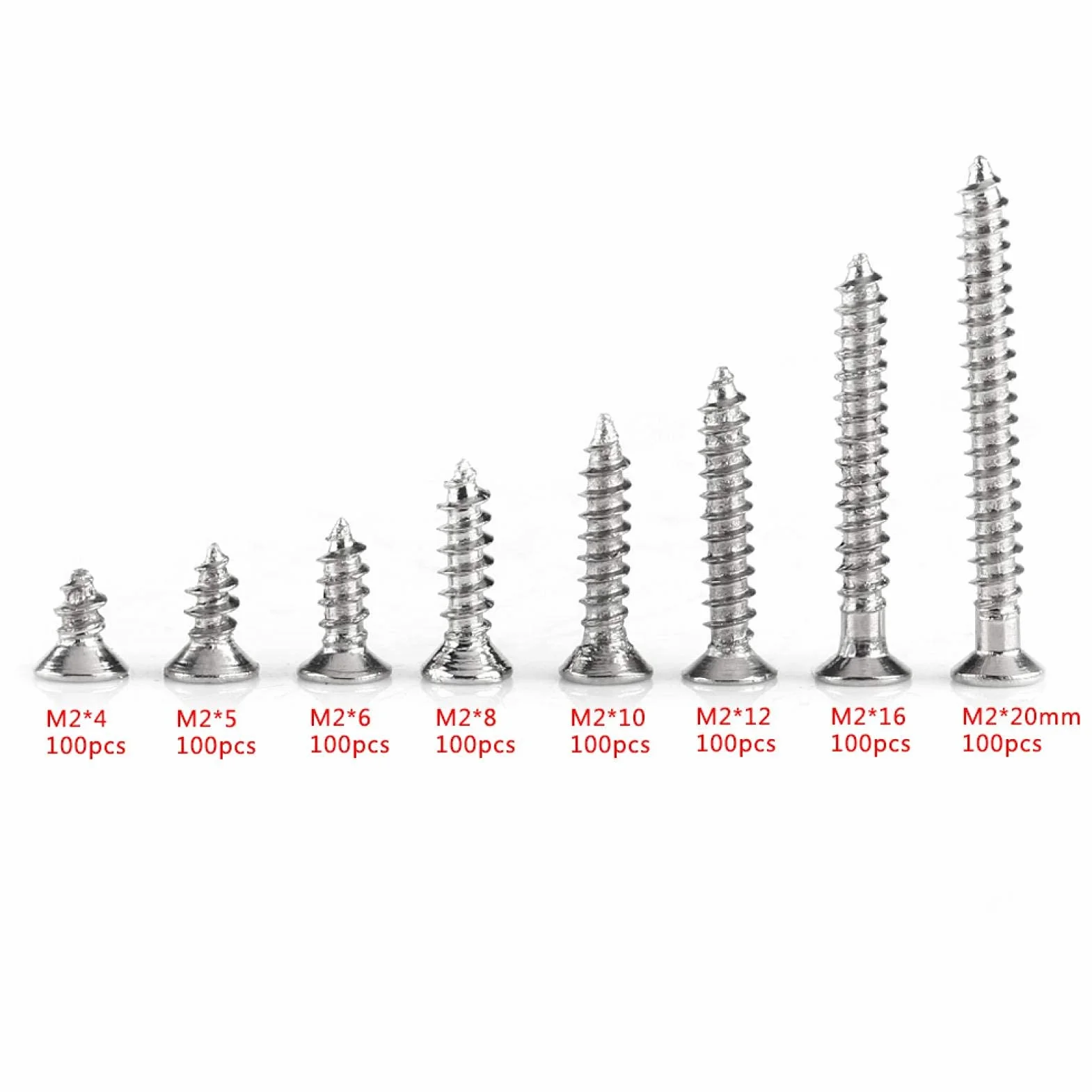 Akozon 800PCS M2 zestaw wkrętów samogwintujących wkręty samogwintujące z łbem krzyżowym z płaskim łbem łącznik do drewna z pudełkiem